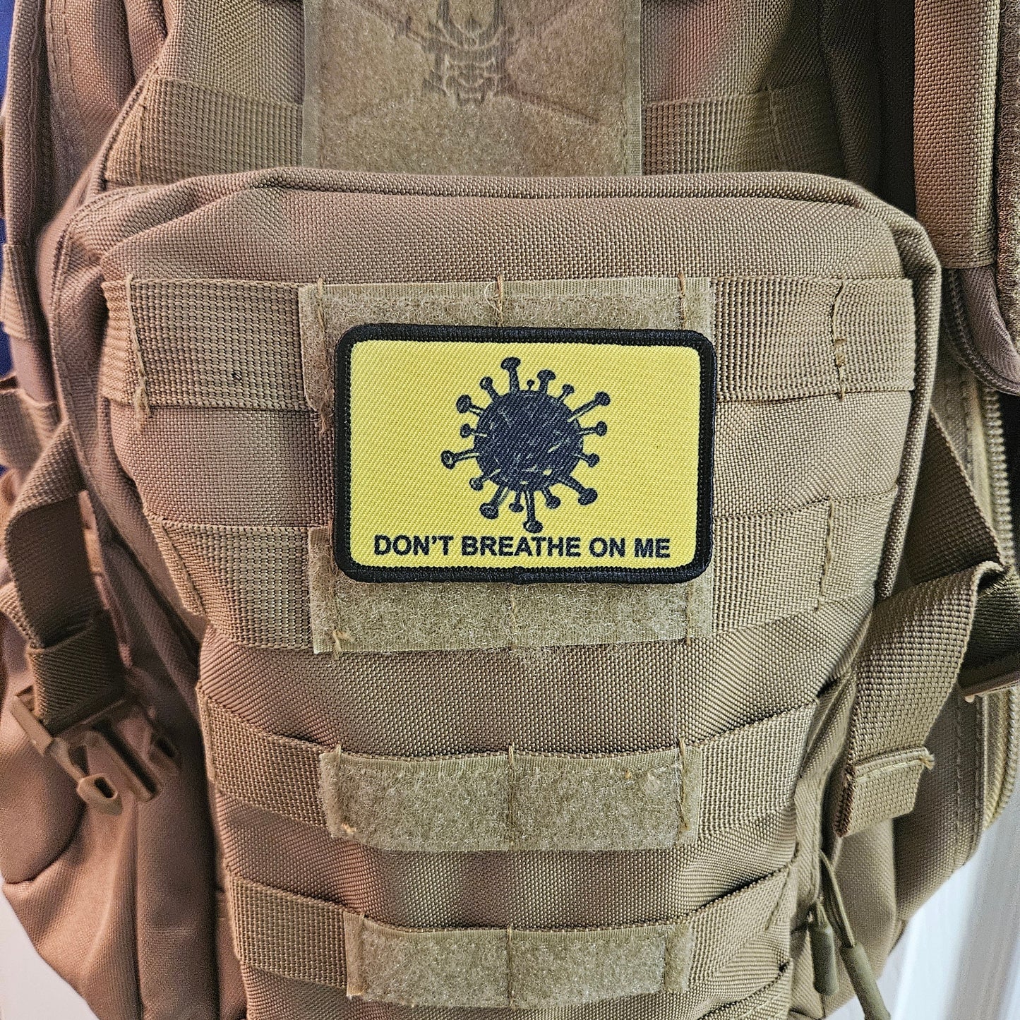 Don't breathe on me Gadsden flag meme 2"x3" removable morale patch with hook and loop backing