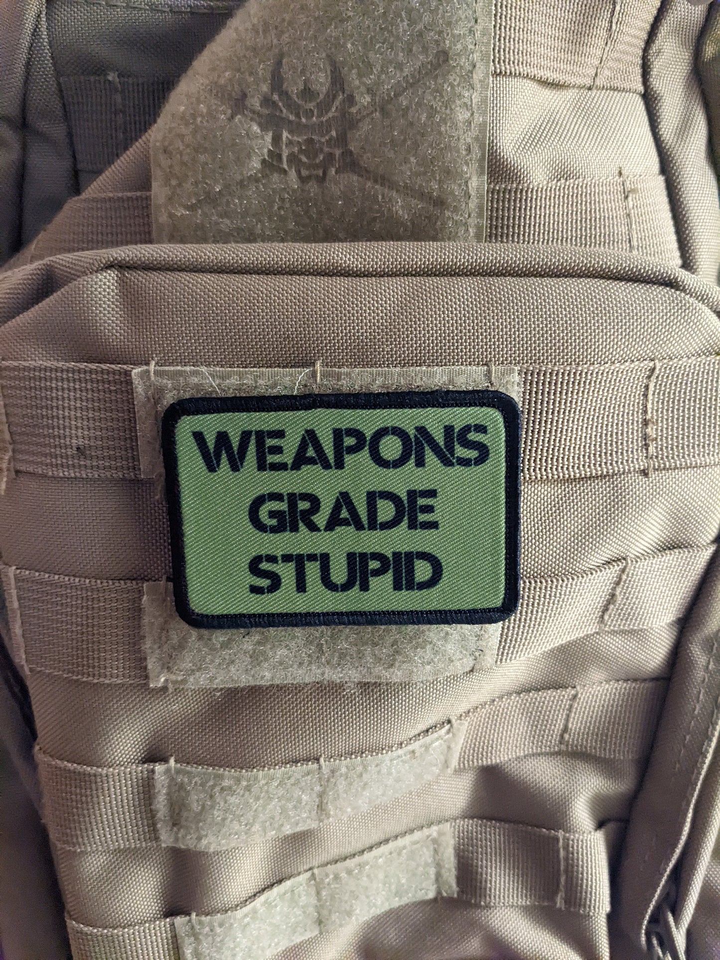 Weapons grade stupid army military navy funny 2"x3" morale patch with hook and loop backing green background