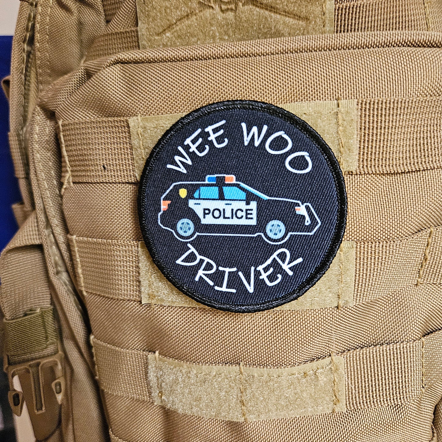 Wee woo driver police SUV driver funny 3" circle removable morale patch with hook and loop backing