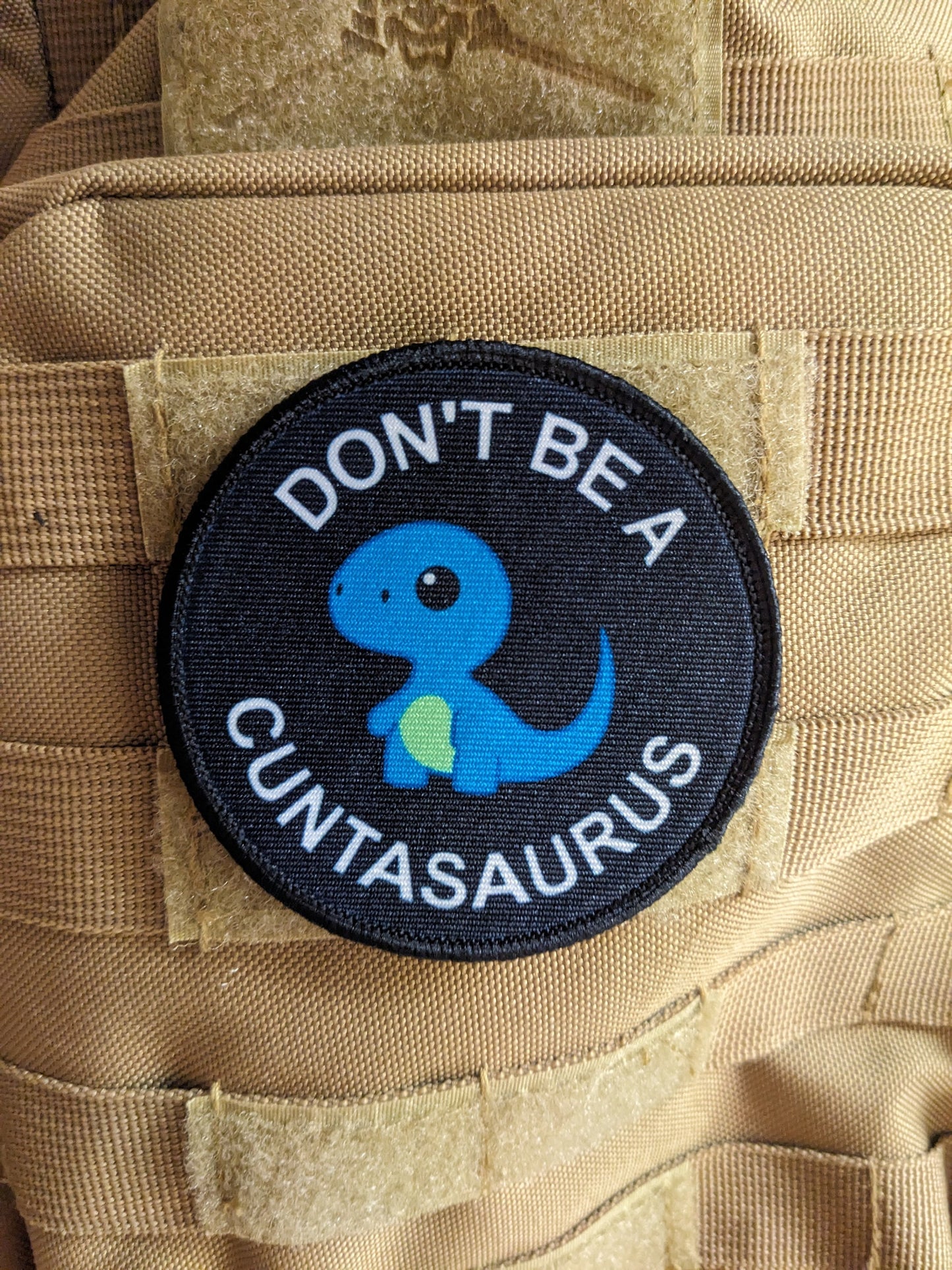 Don't be a cuntasaurus dinosaur meme 3" circle removable morale patch with hook and loop backing