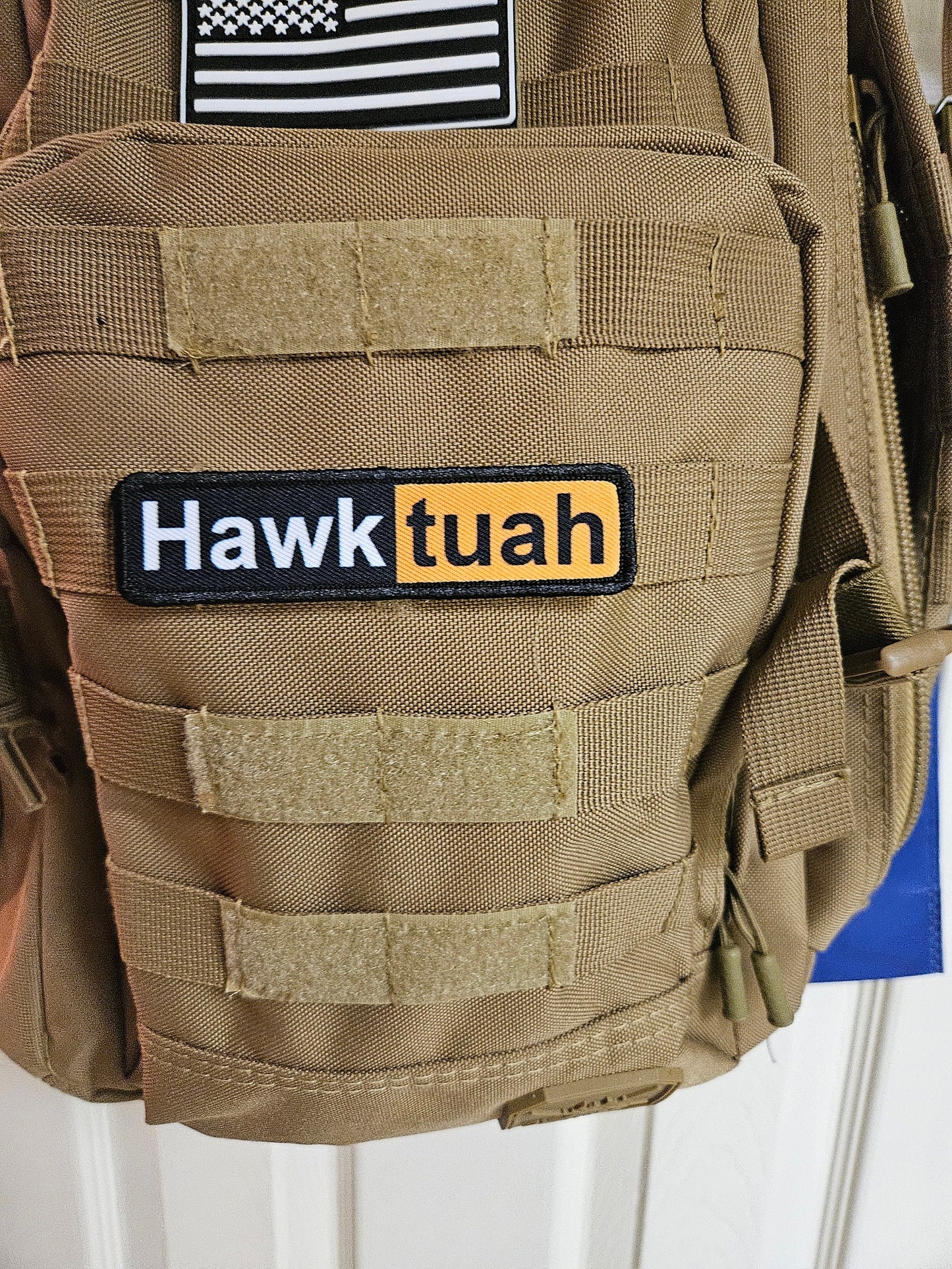 Hawk tuah spicy 1"x4" removable morale patch with hook and loop backing good for back of operator hats