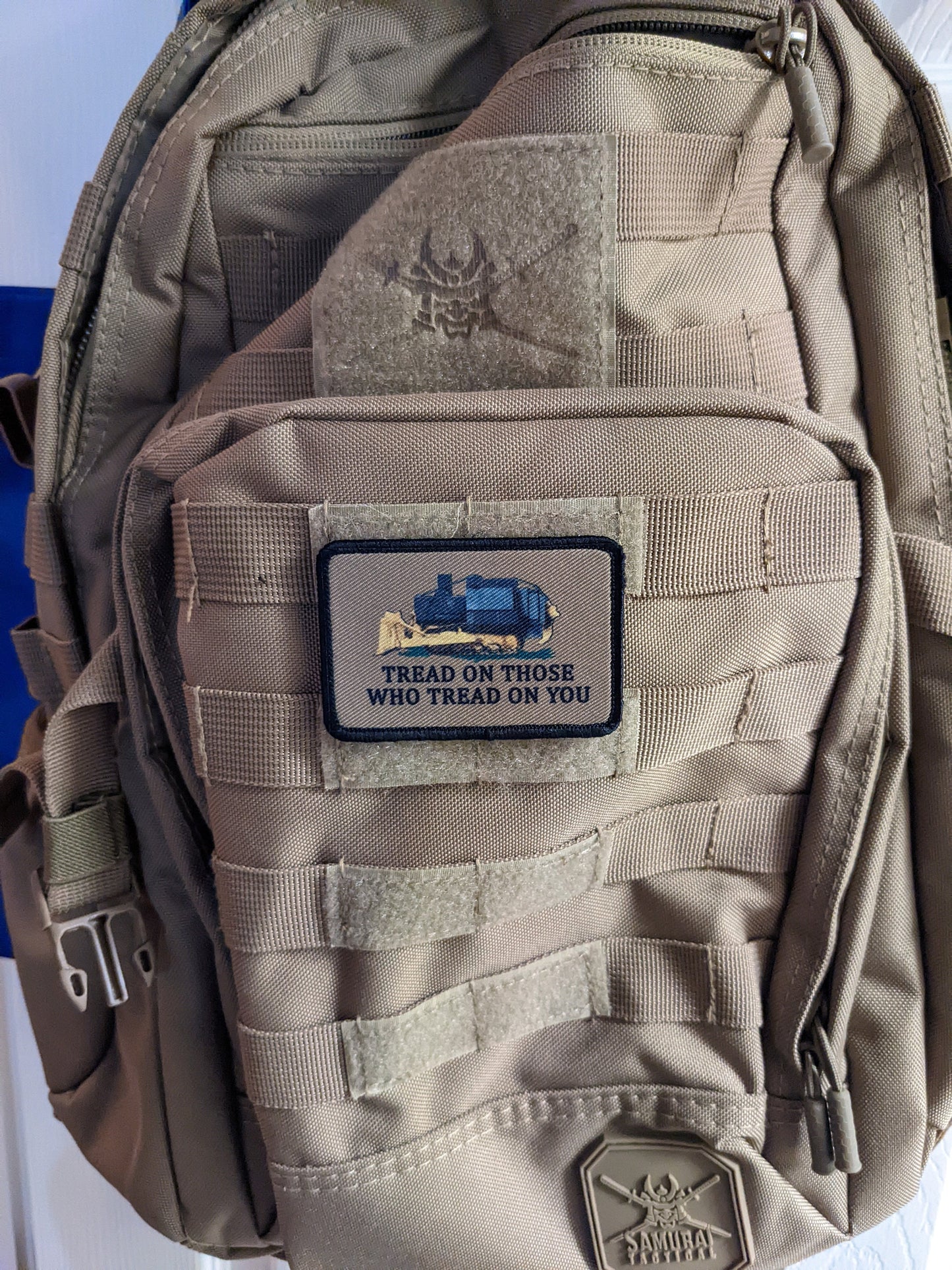 Coyote brown Killdozer tread on those who tread on you Gadsden flag meme 2"x3" removable morale patch with hook and loop backing