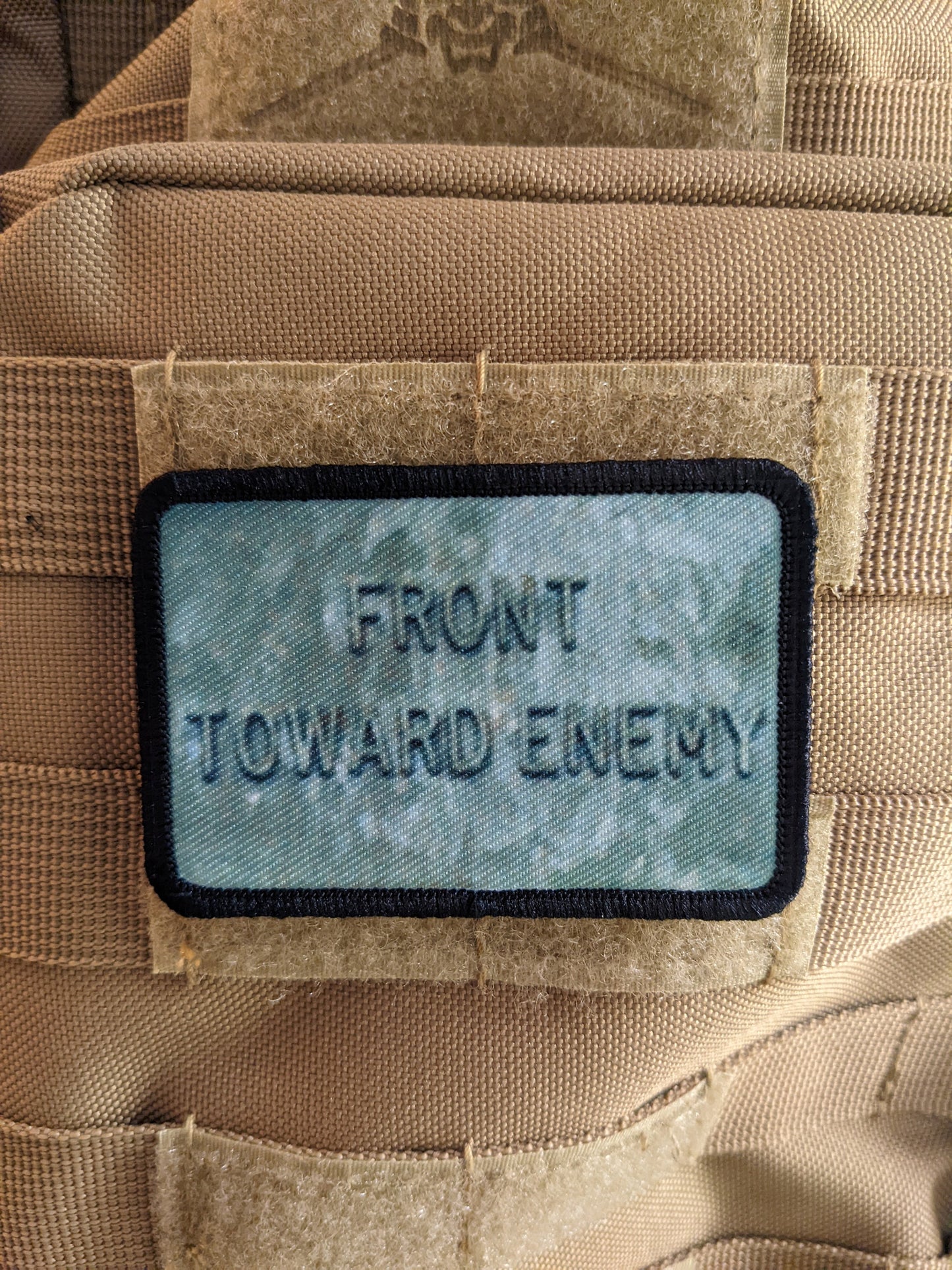 Claymore mine front towards enemy military tactical 2"x3" removable morale patch with hook and loop backing