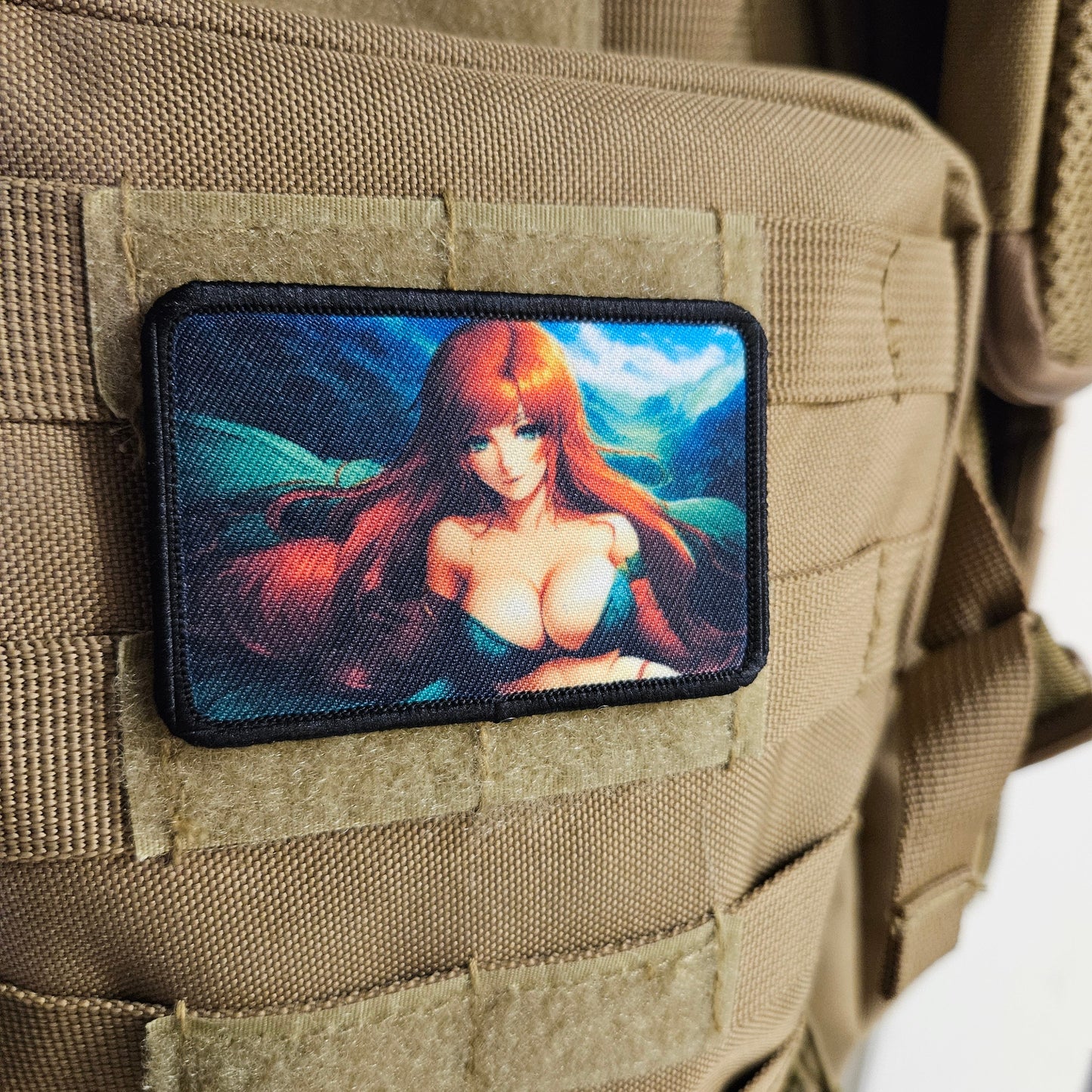 Redhead waifu Sexy Anime girl cleavage bikini 2"x3" removable morale patch with hook and loop backing