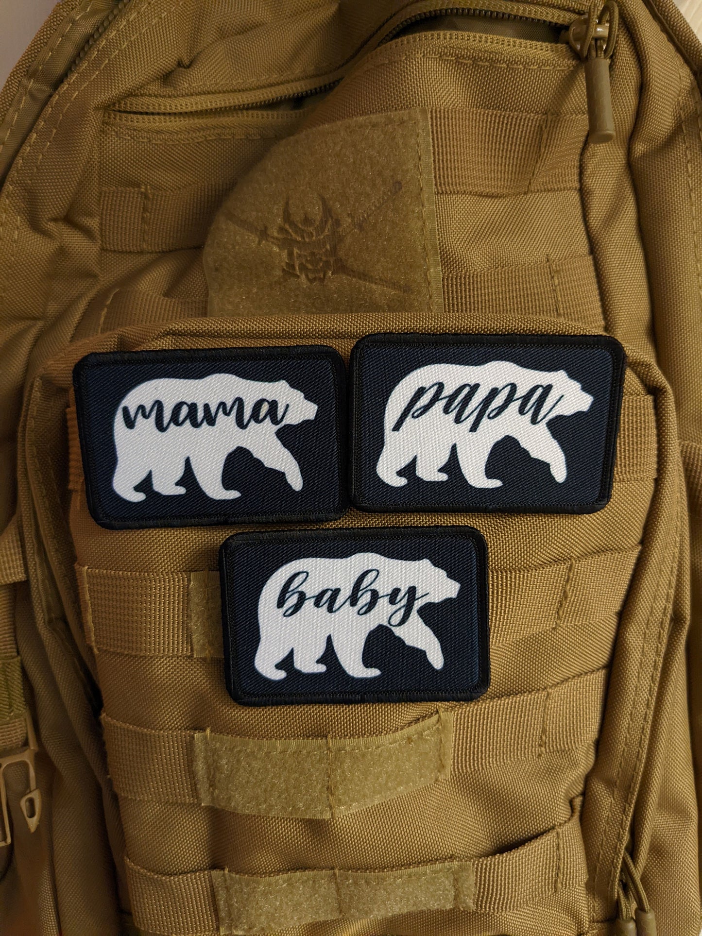 Mama bear Papa bear baby bear family combo 2"x3" white morale patch with hook and loop backing