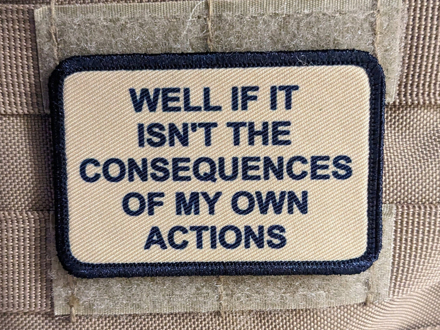 Well if it isn't the consequences of my own actions meme 2"x3" morale patch with hook and loop backing tan