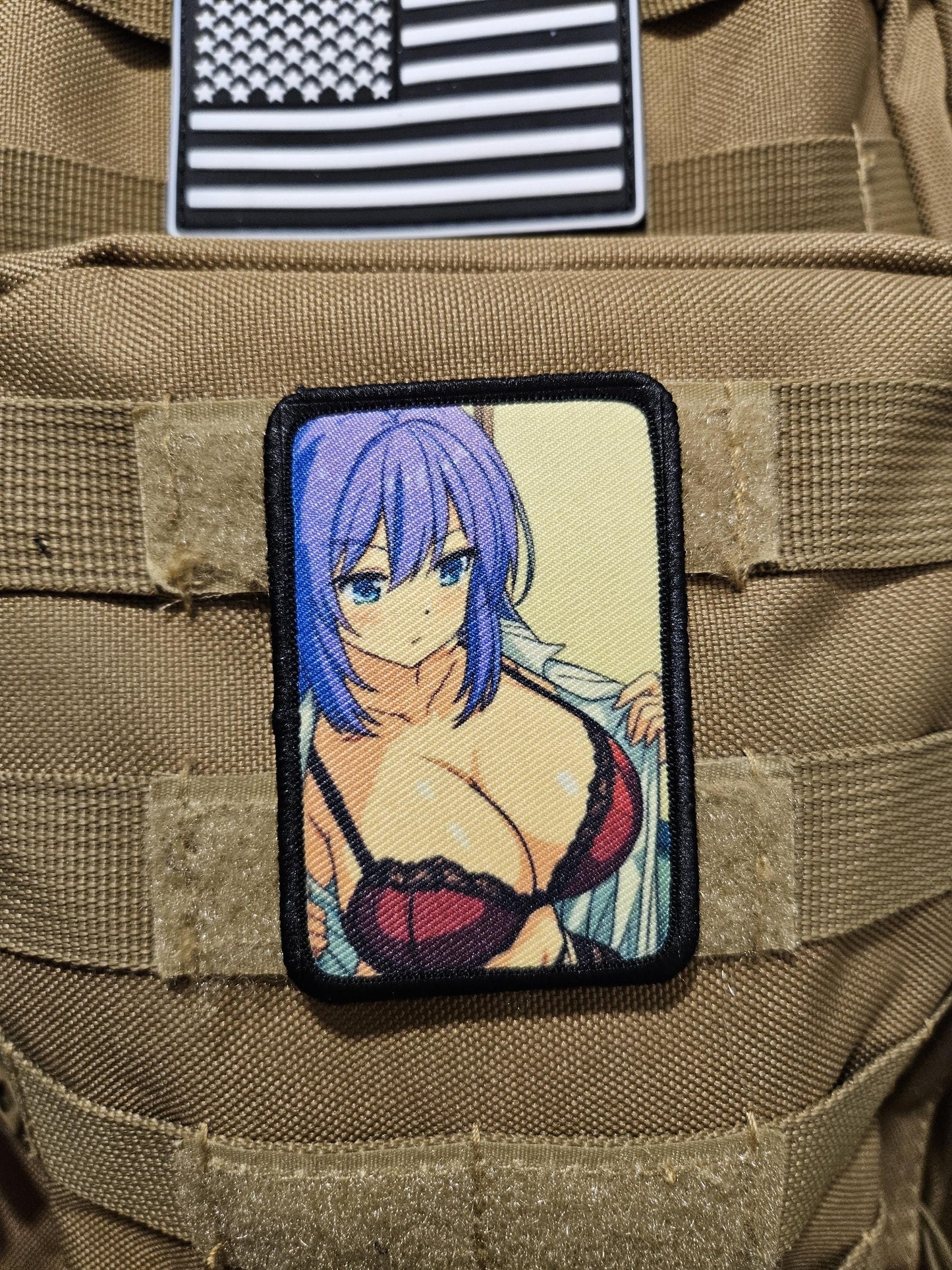 Sexy Anime girl in lingerie busty waifu 2"x3" removable morale patch with hook and loop backing