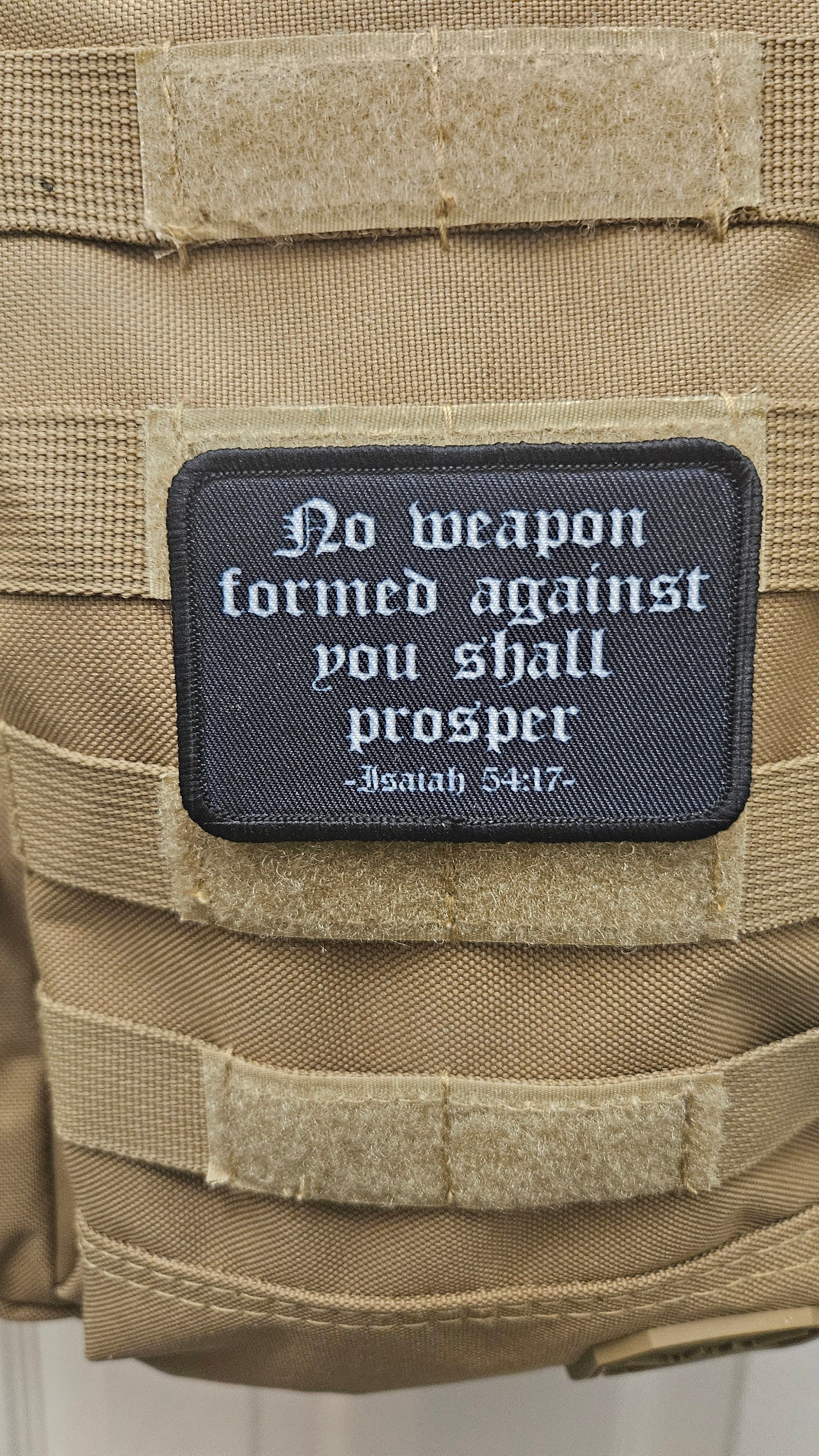 Isaiah 54:17 no weapon formed against me bible verse 2"x3" morale patch with hook and loop backing
