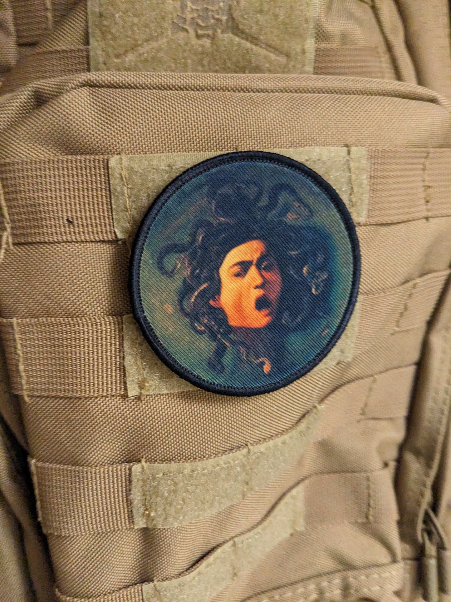 Da Vinci head of Medusa Renaissance art 3" circle morale patch with hook and loop backing