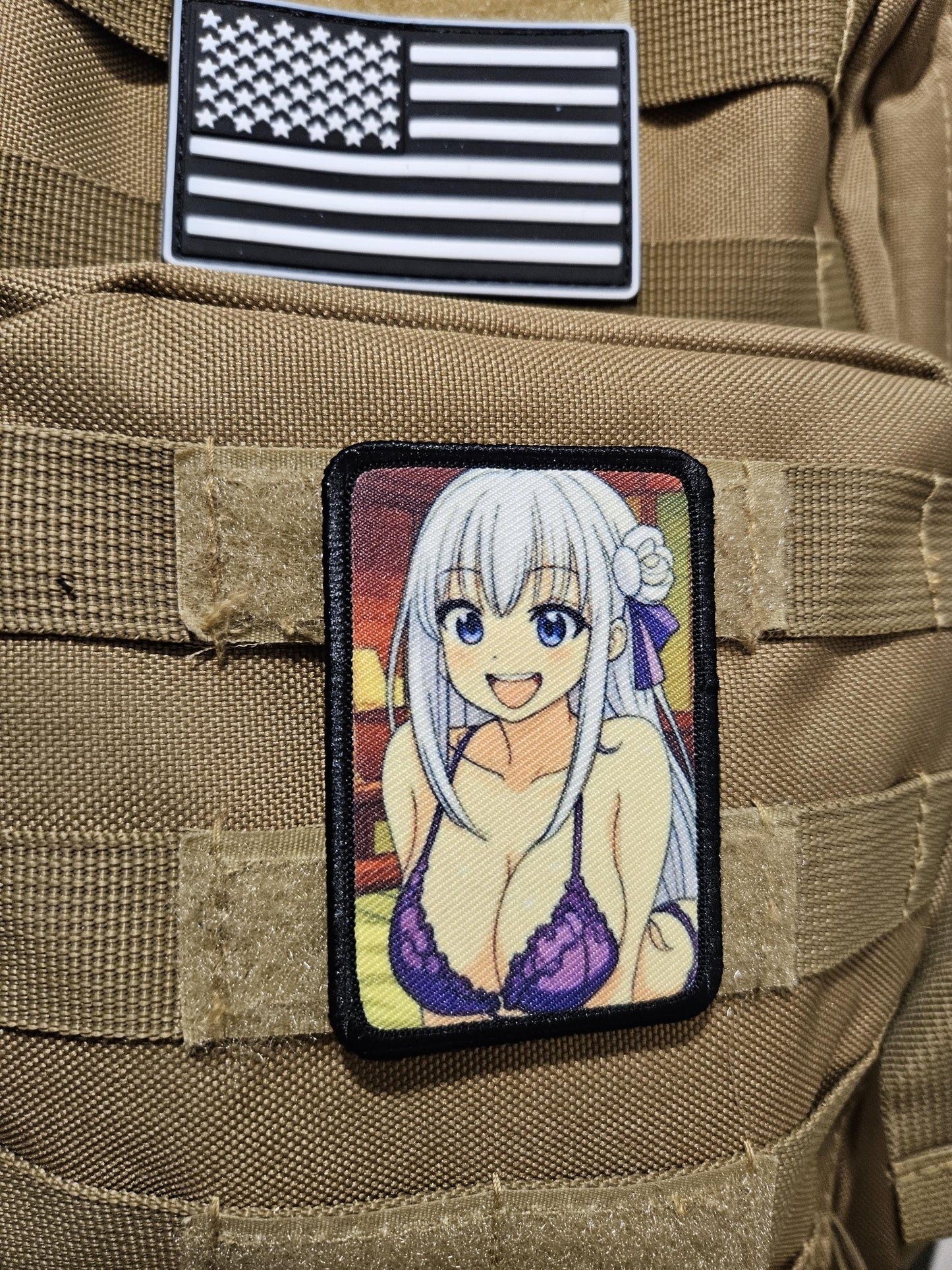 Happy Sexy Anime girl in lingerie white hair waifu 2"x3" removable morale patch with hook and loop backing