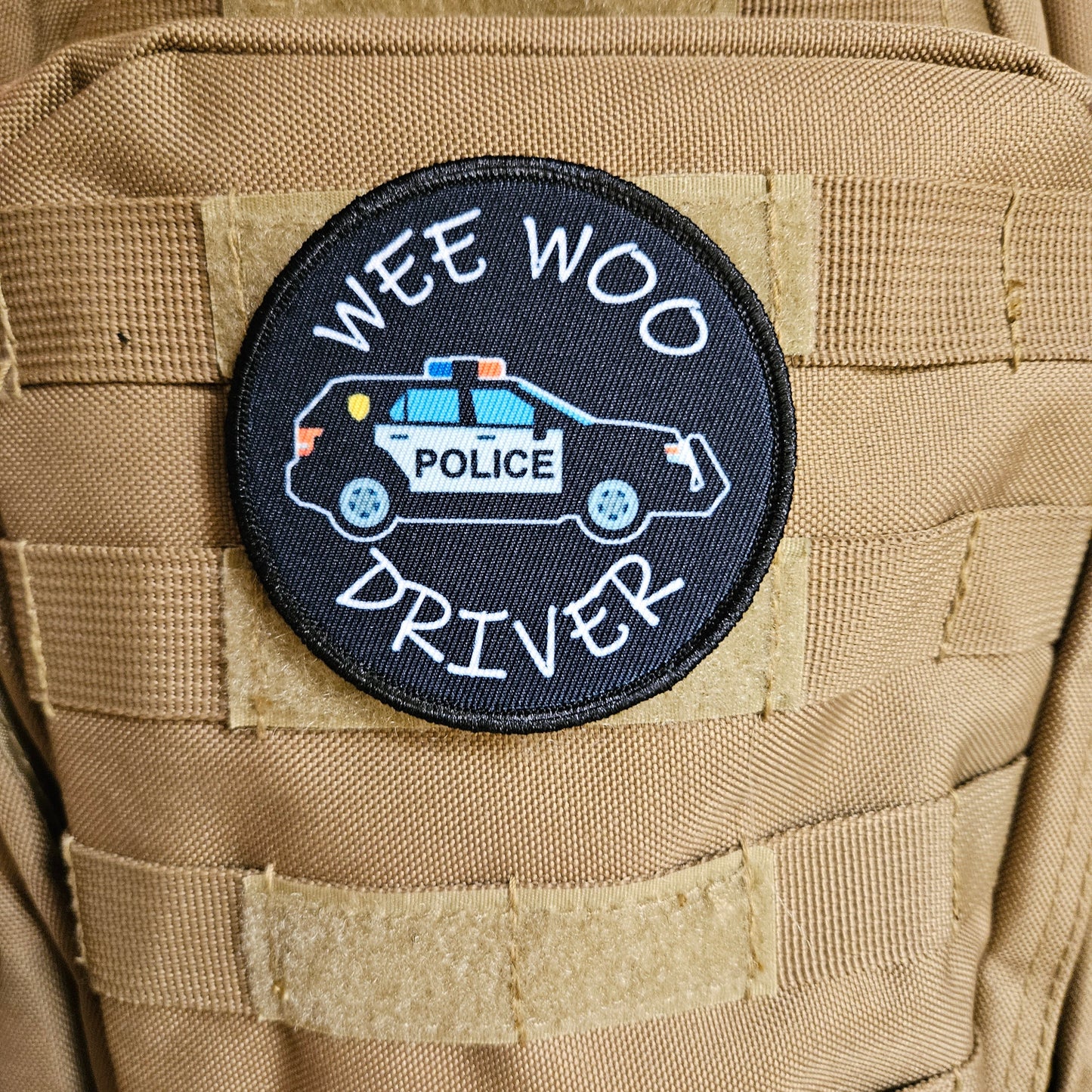 Wee woo driver police SUV driver funny 3" circle removable morale patch with hook and loop backing