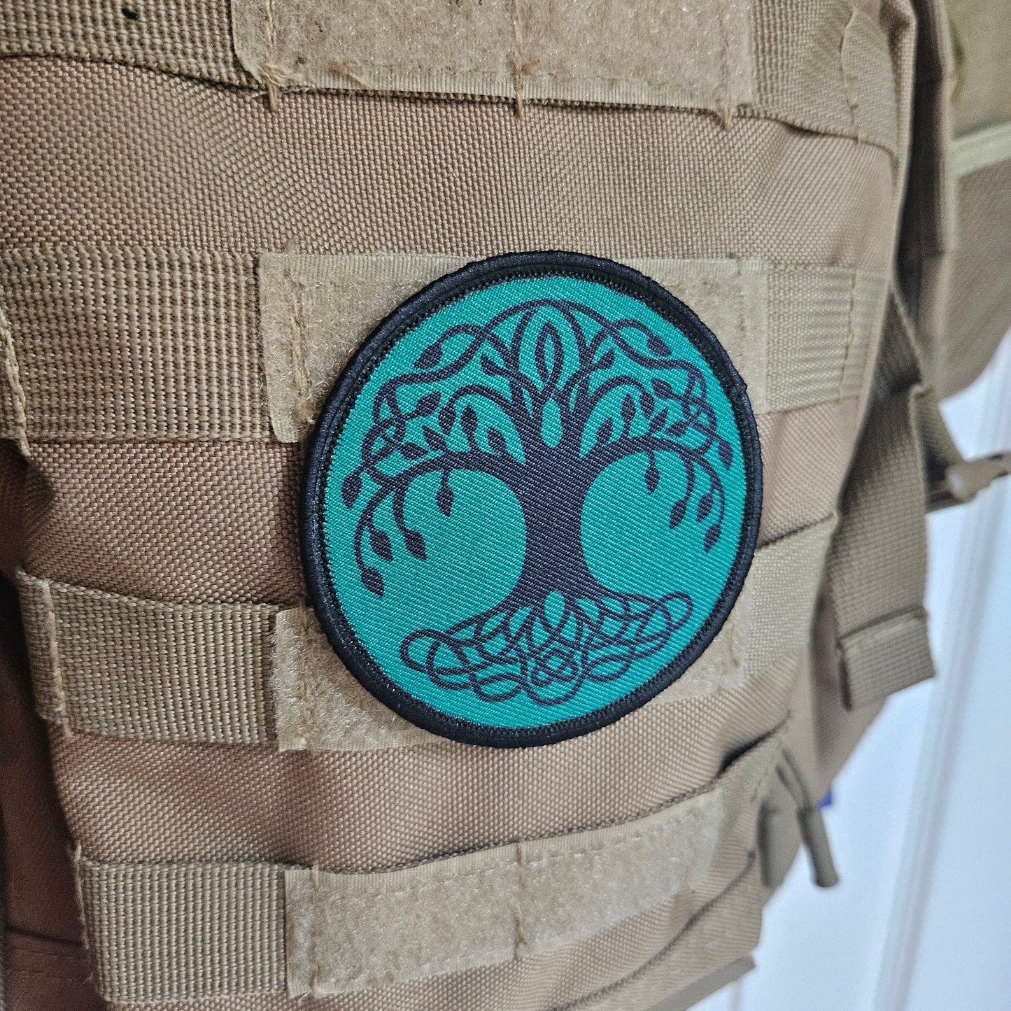 Green Celtic tree of life 3" circle removable morale patch with hook and loop backing