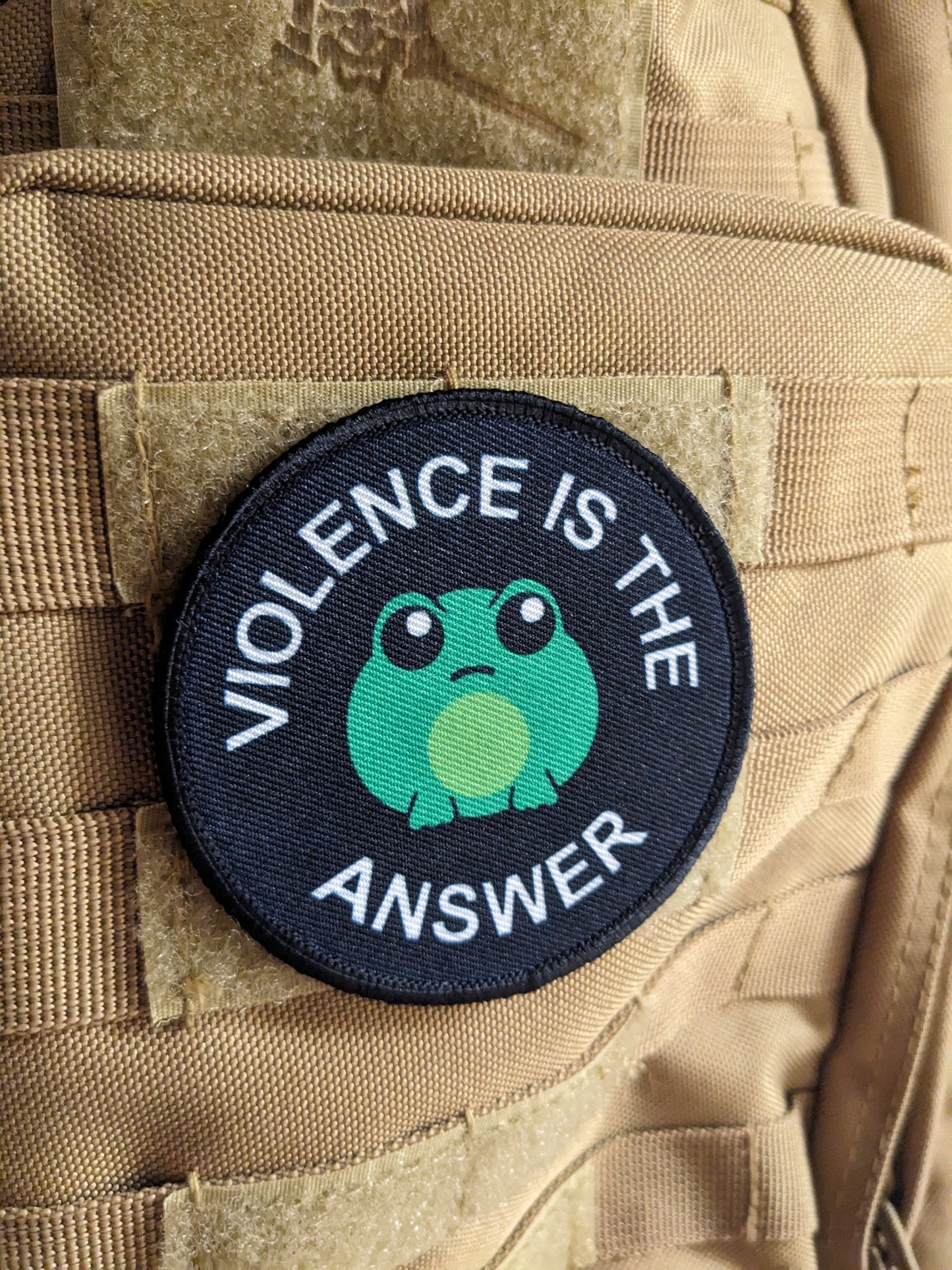 Cute frog violence is the answer 3" circle removable morale patch with hook and loop backing