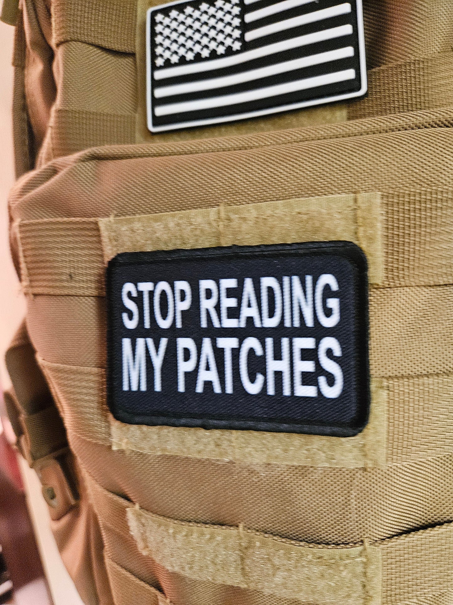 Stop reading my patches meme joke funny removable patch 2"x3" morale patch with hook and loop backing