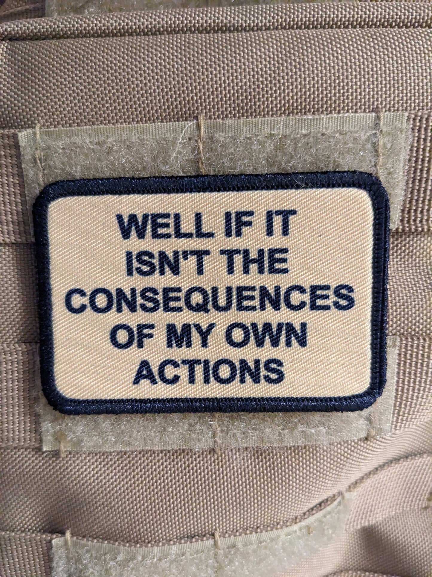 Well if it isn't the consequences of my own actions meme 2"x3" morale patch with hook and loop backing tan
