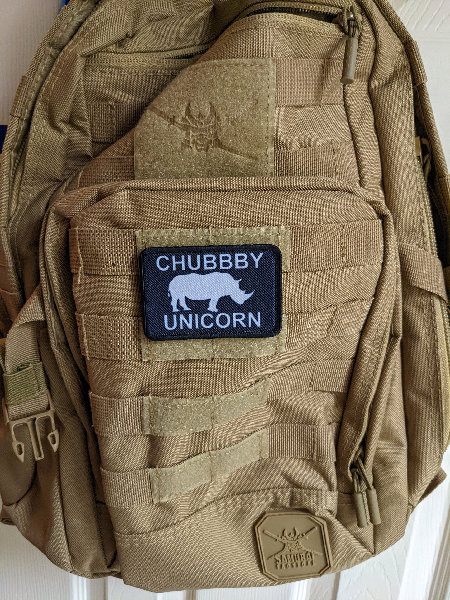 Chubby unicorn rhino rhinoceros meme 2"x3" removable morale patch with hook and loop backing