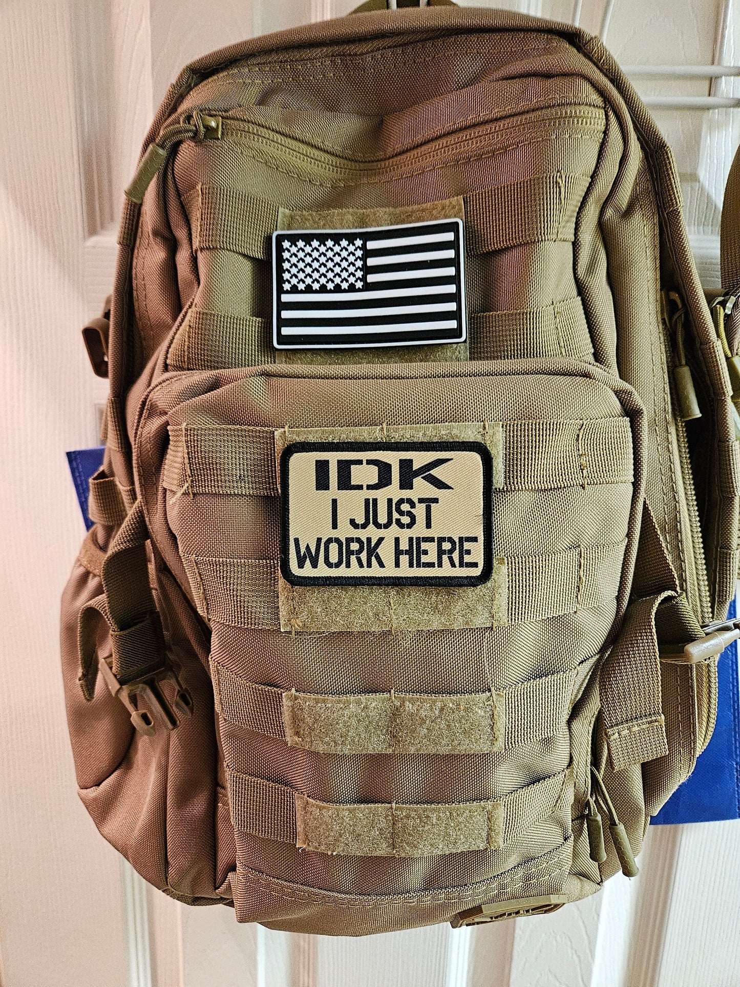 Idk i just work here funny meme edc tan 2"x3" morale patch with hook and loop backing military joke meme