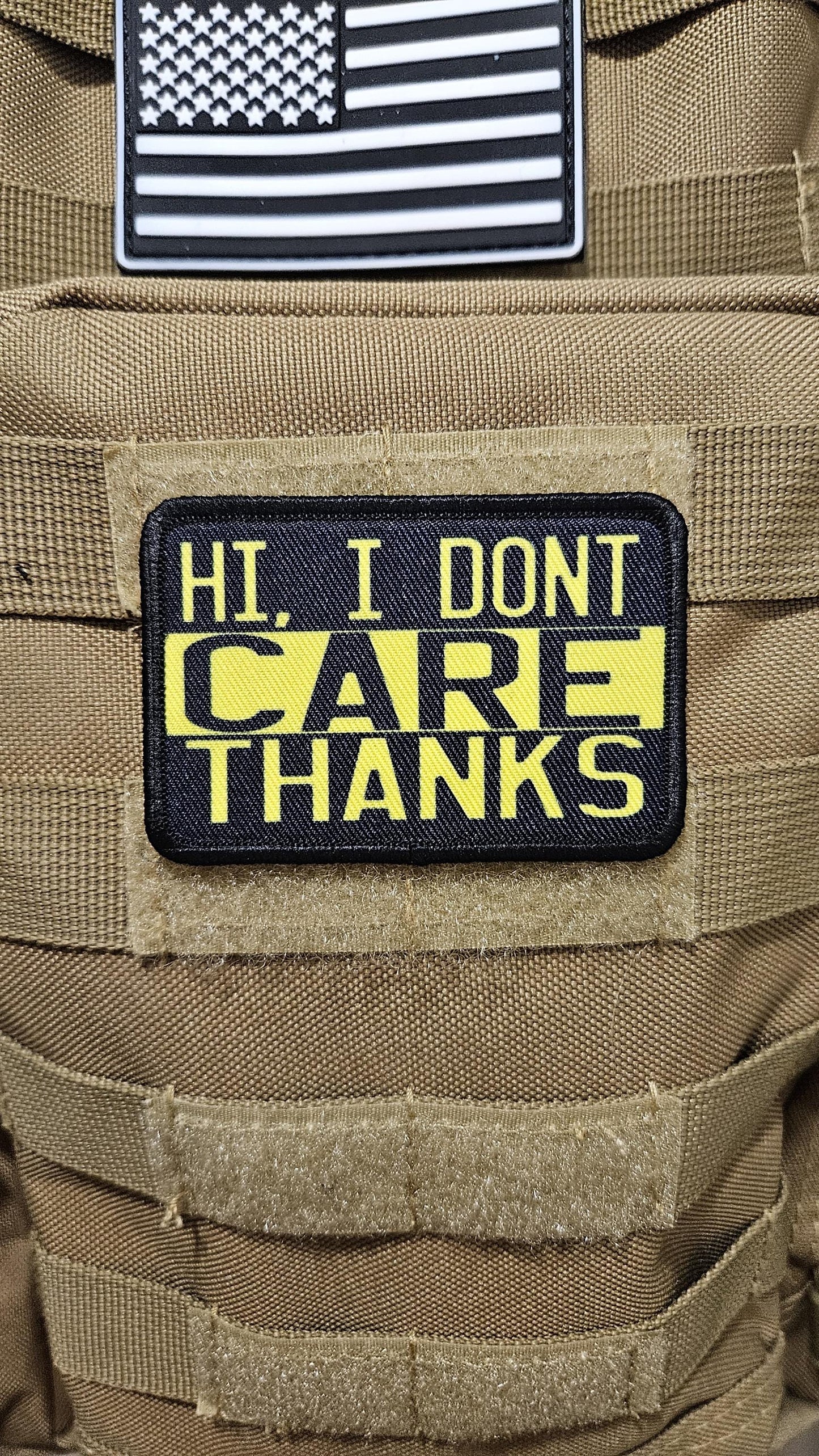 I don't care thanks meme sarcastic removable patch 2"x3" morale patch with hook and loop backing