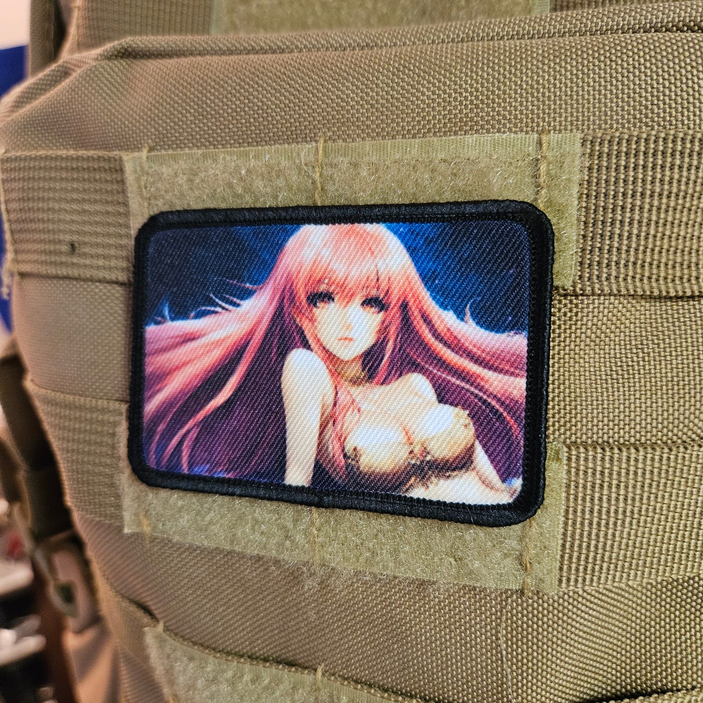 Long Pink hair waifu Sexy Anime girl cleavage bikini 2"x3" removable morale patch with hook and loop backing