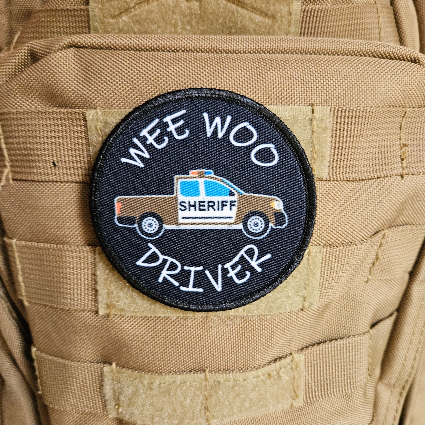 Wee woo driver sheriff pickup driver funny 3" circle removable morale patch with hook and loop backing