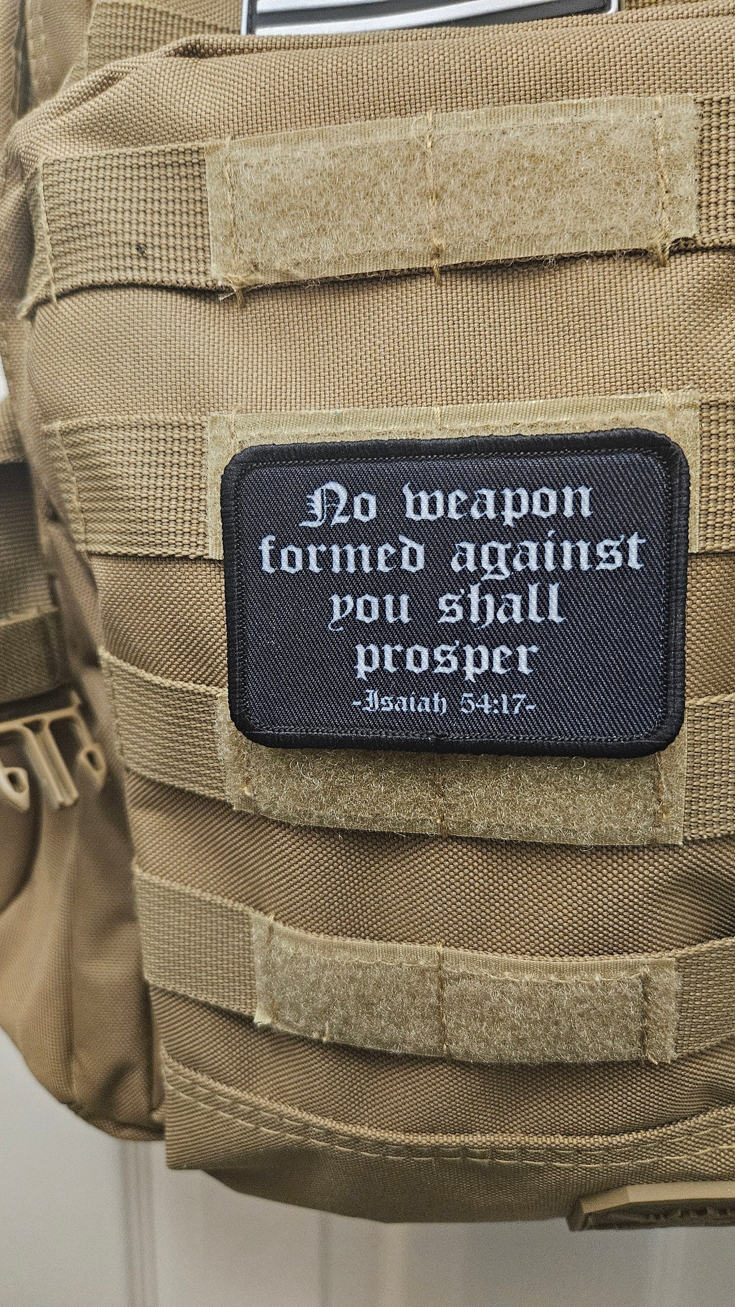 Isaiah 54:17 no weapon formed against me bible verse 2"x3" morale patch with hook and loop backing