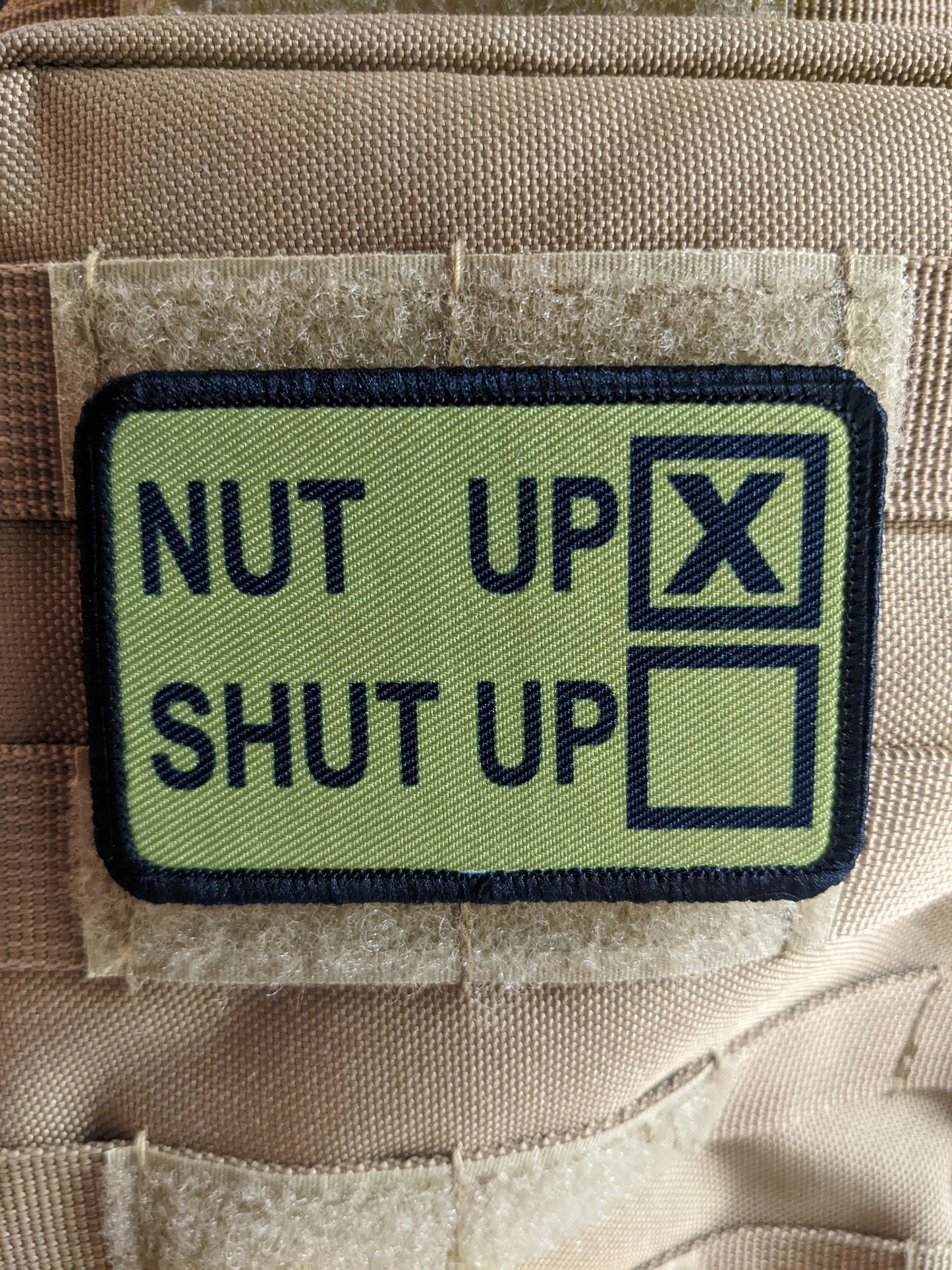 Nut up or shut up check the box funny 2"x3" morale patch with hook and loop backing military joke meme