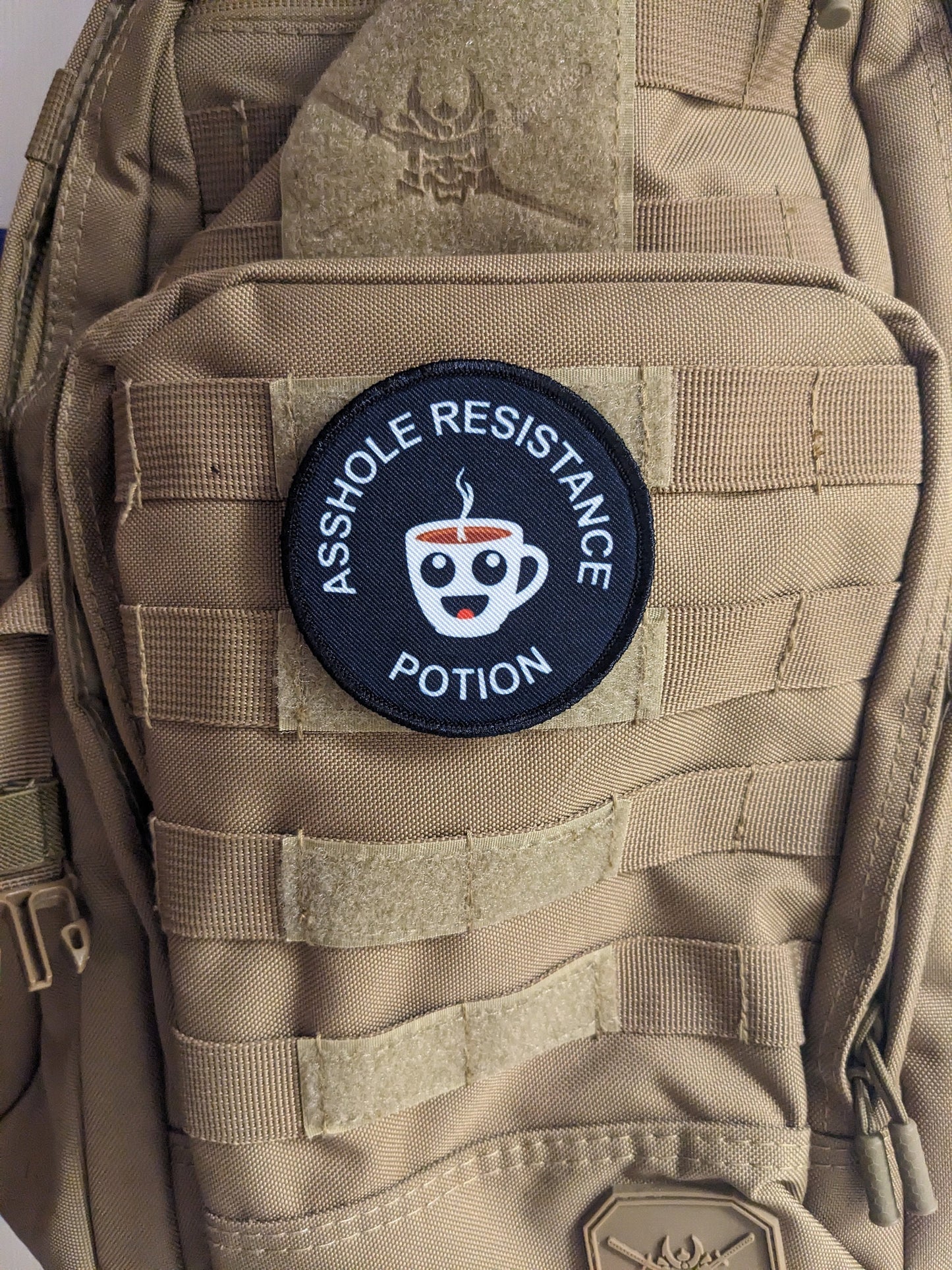 Asshole resistance potion coffee meme 3" circle removable morale patch with hook and loop backing