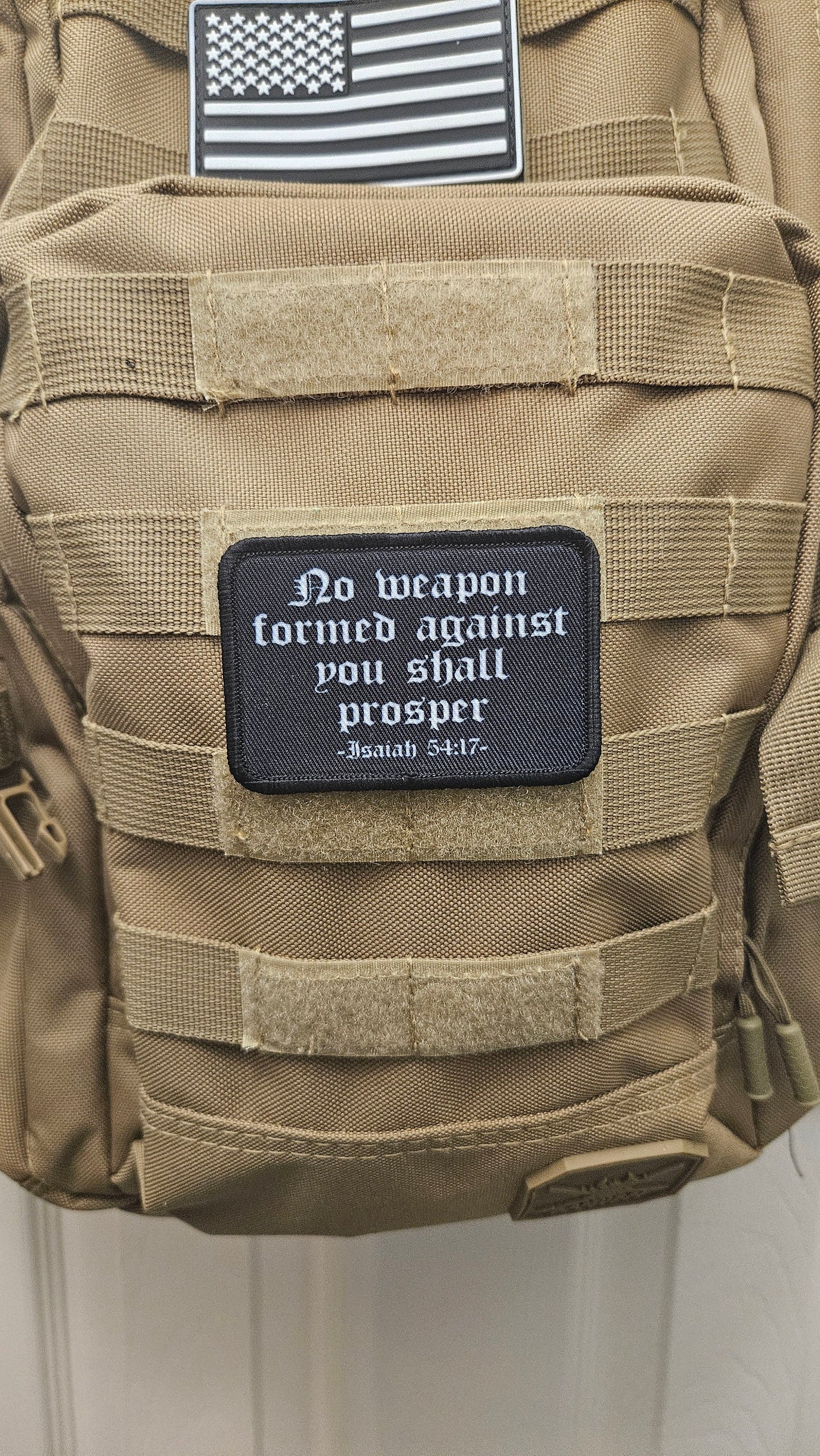 Isaiah 54:17 no weapon formed against me bible verse 2"x3" morale patch with hook and loop backing