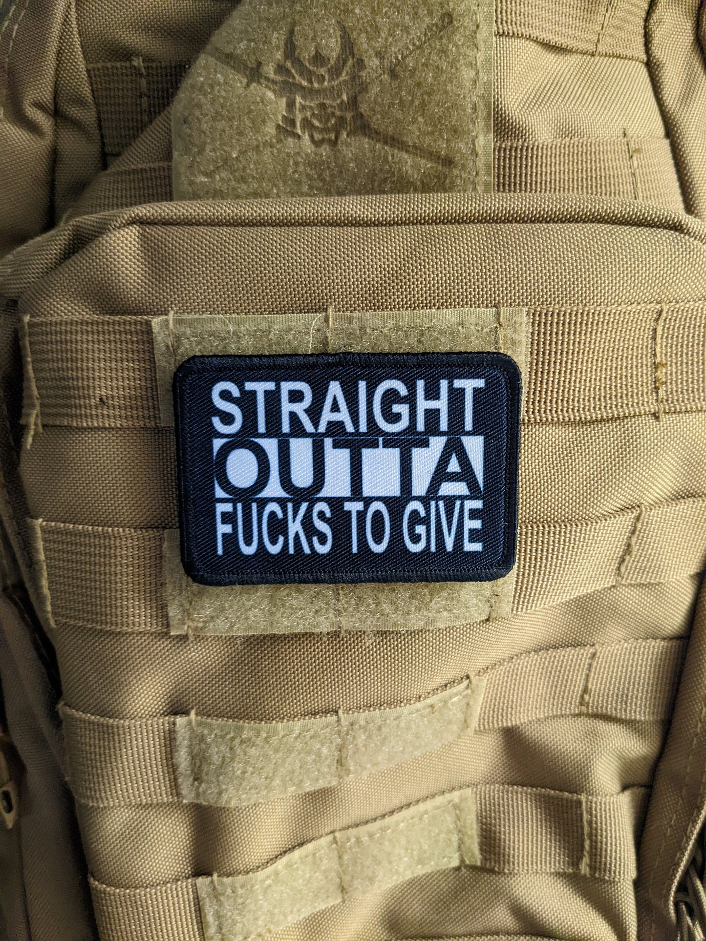 Straight outta fucks to give 2"x3" removable morale patch with hook and loop backing