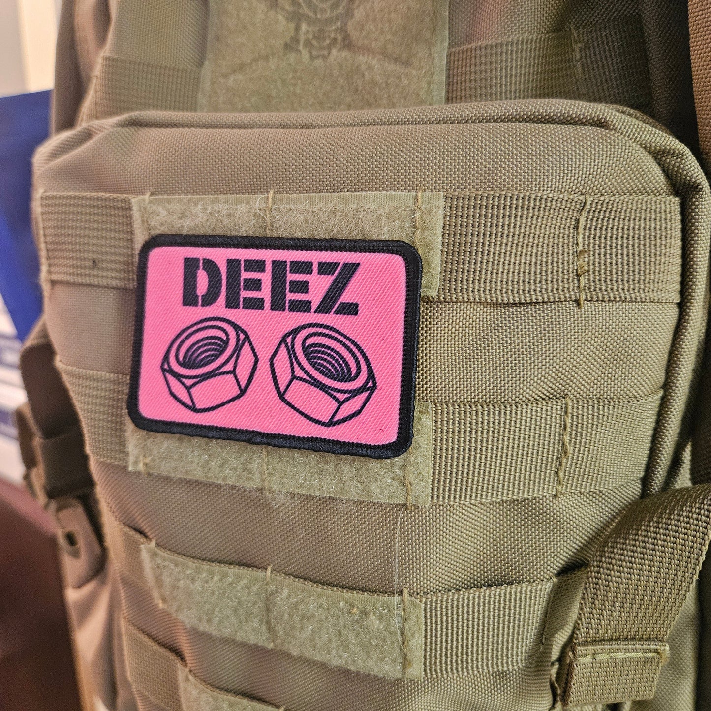 Deez nuts and bolts funny removable patch pink 2"x3" morale patch with hook and loop backing