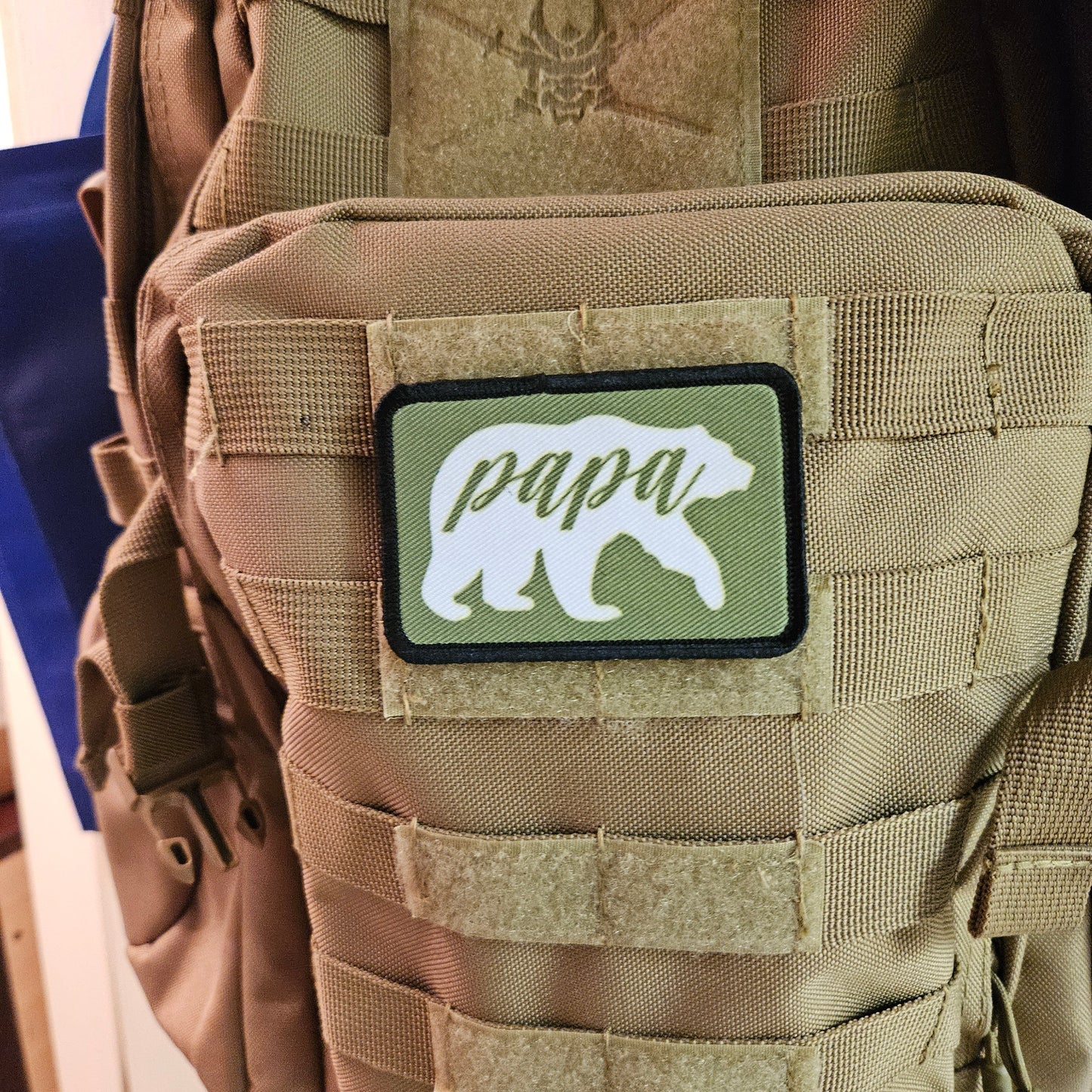 Green Papa Bear boy dad girl dad 2"x3" white morale patch with hook and loop backing