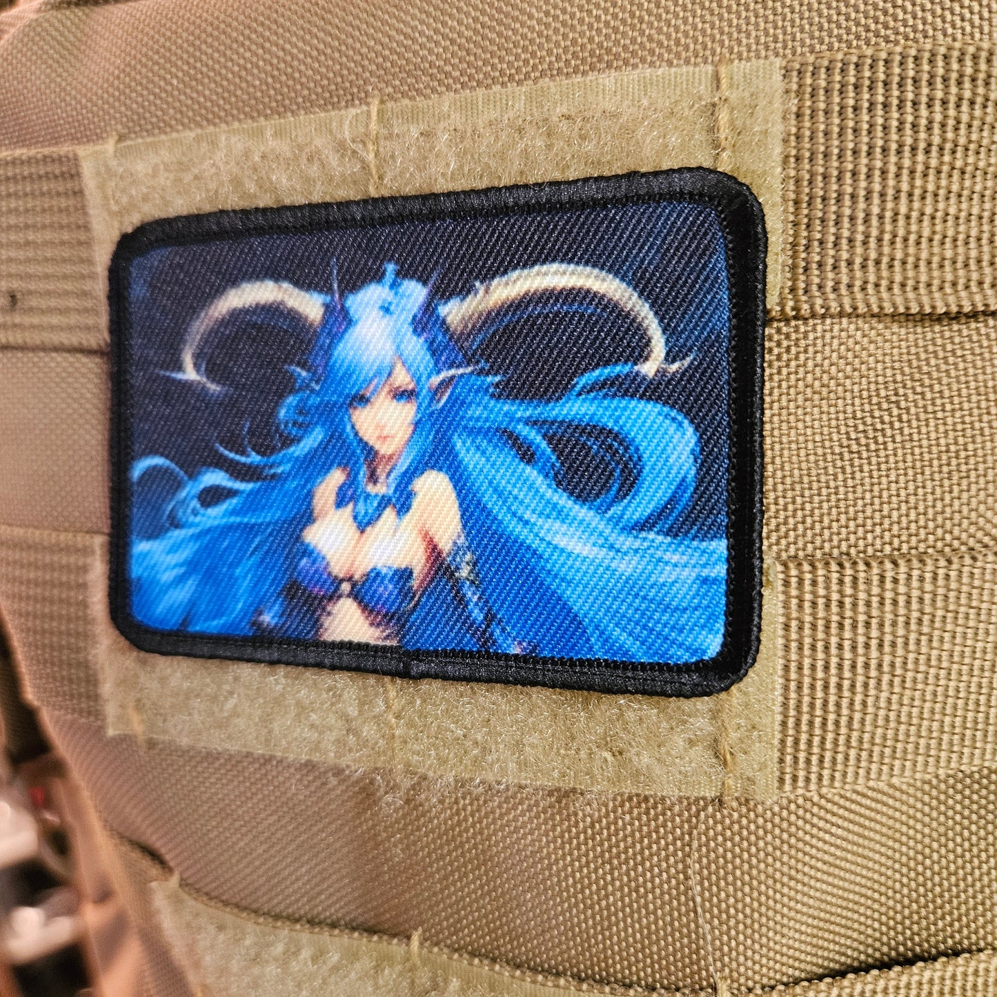 Blue haired succubus waifu Sexy Anime girl cleavage bikini 2"x3" removable morale patch with hook and loop backing