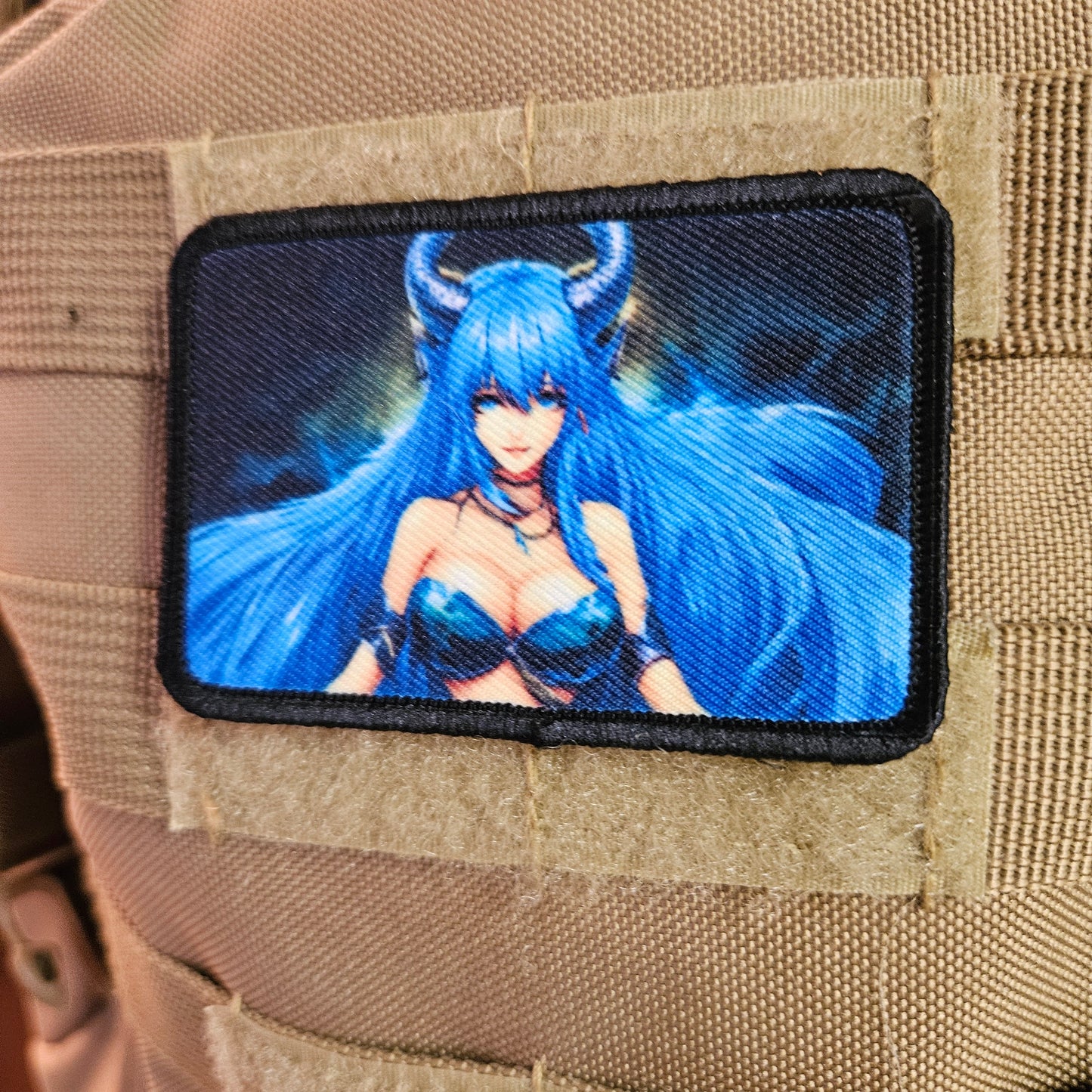 Blue haired succubus waifu 2 Sexy Anime girl cleavage bikini 2"x3" removable morale patch with hook and loop backing
