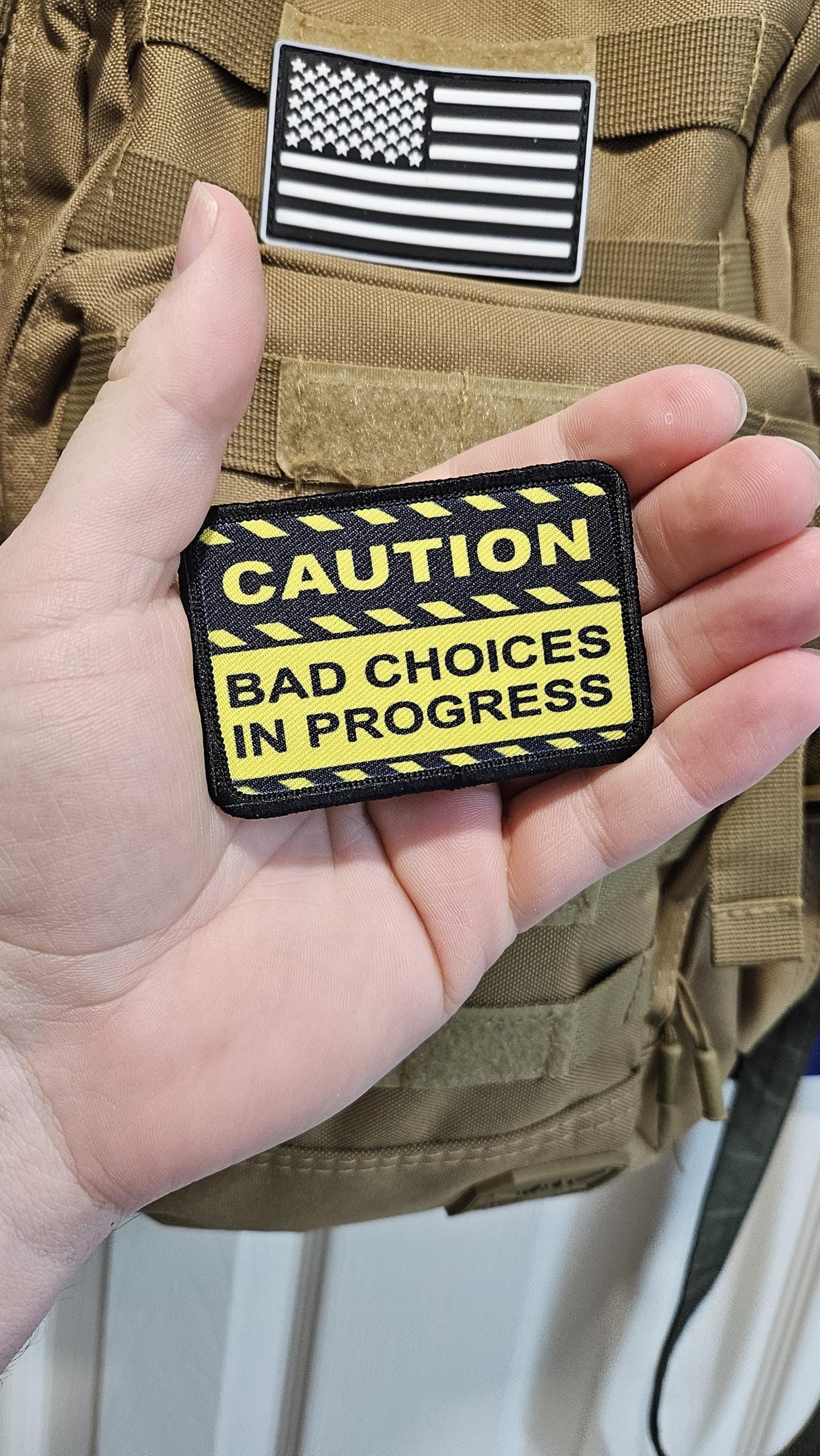 Caution bad choices in progress meme 2"x3" removable morale patch with hook and loop backing