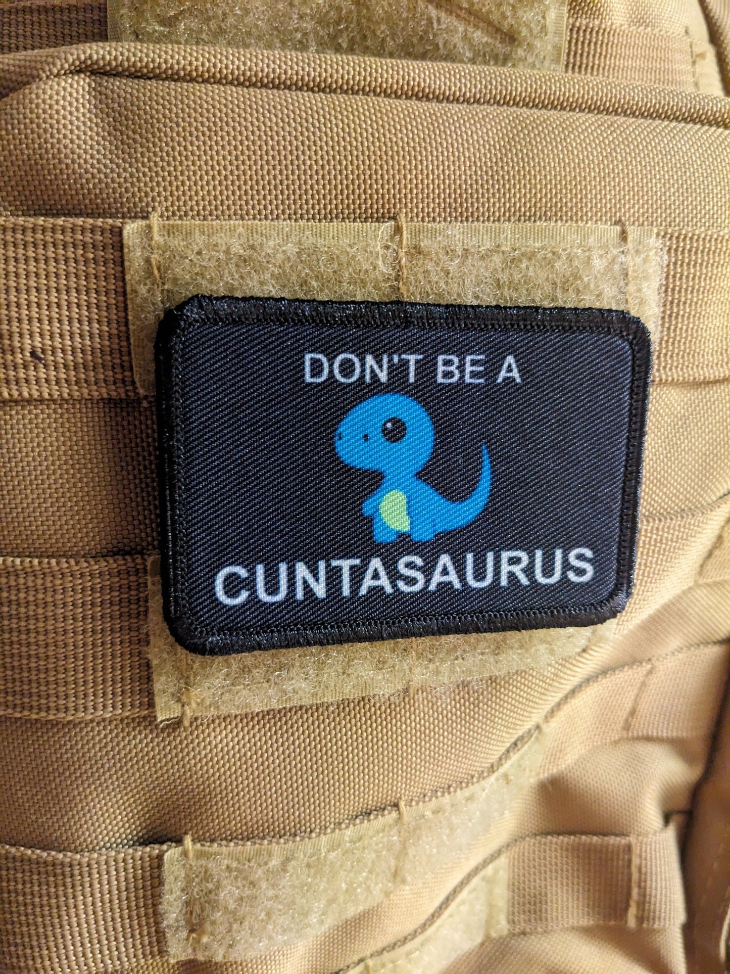 Don't be a cuntasaurus dinosaur meme 2"x3" morale patch with hook and loop backing