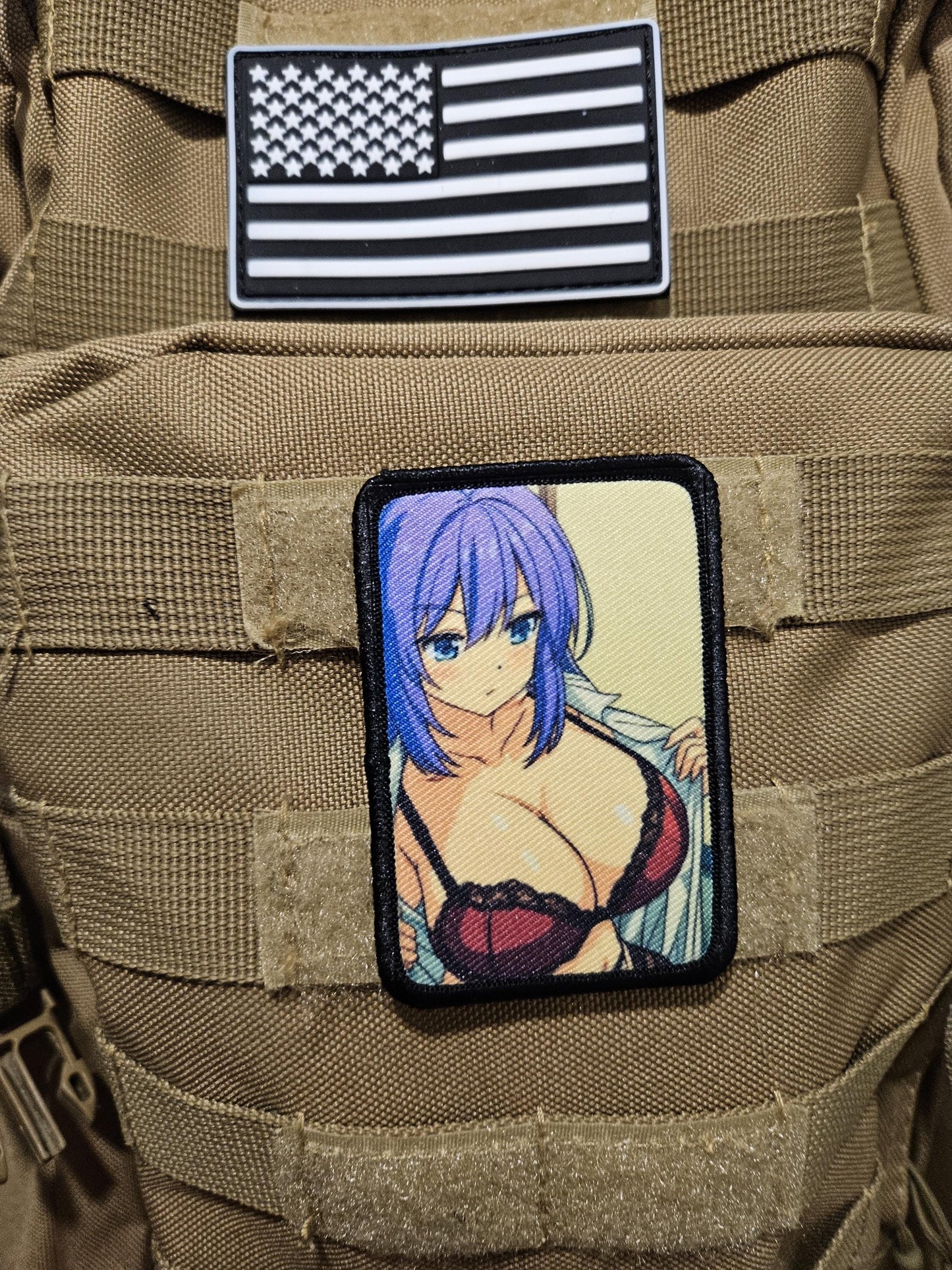 Sexy Anime girl in lingerie busty waifu 2"x3" removable morale patch with hook and loop backing