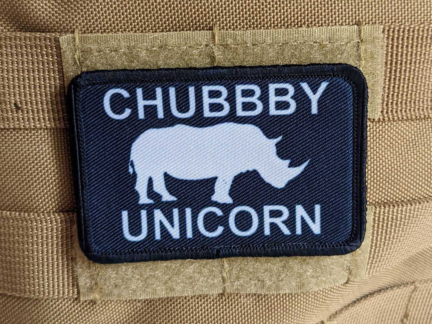 Chubby unicorn rhino rhinoceros meme 2"x3" removable morale patch with hook and loop backing