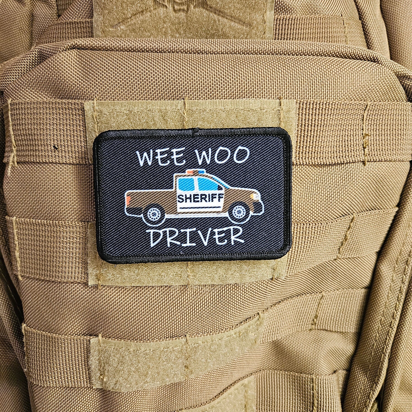 Wee woo driver sheriff pick-up brown version driver funny 2"x3" removable morale patch with hook and loop backing
