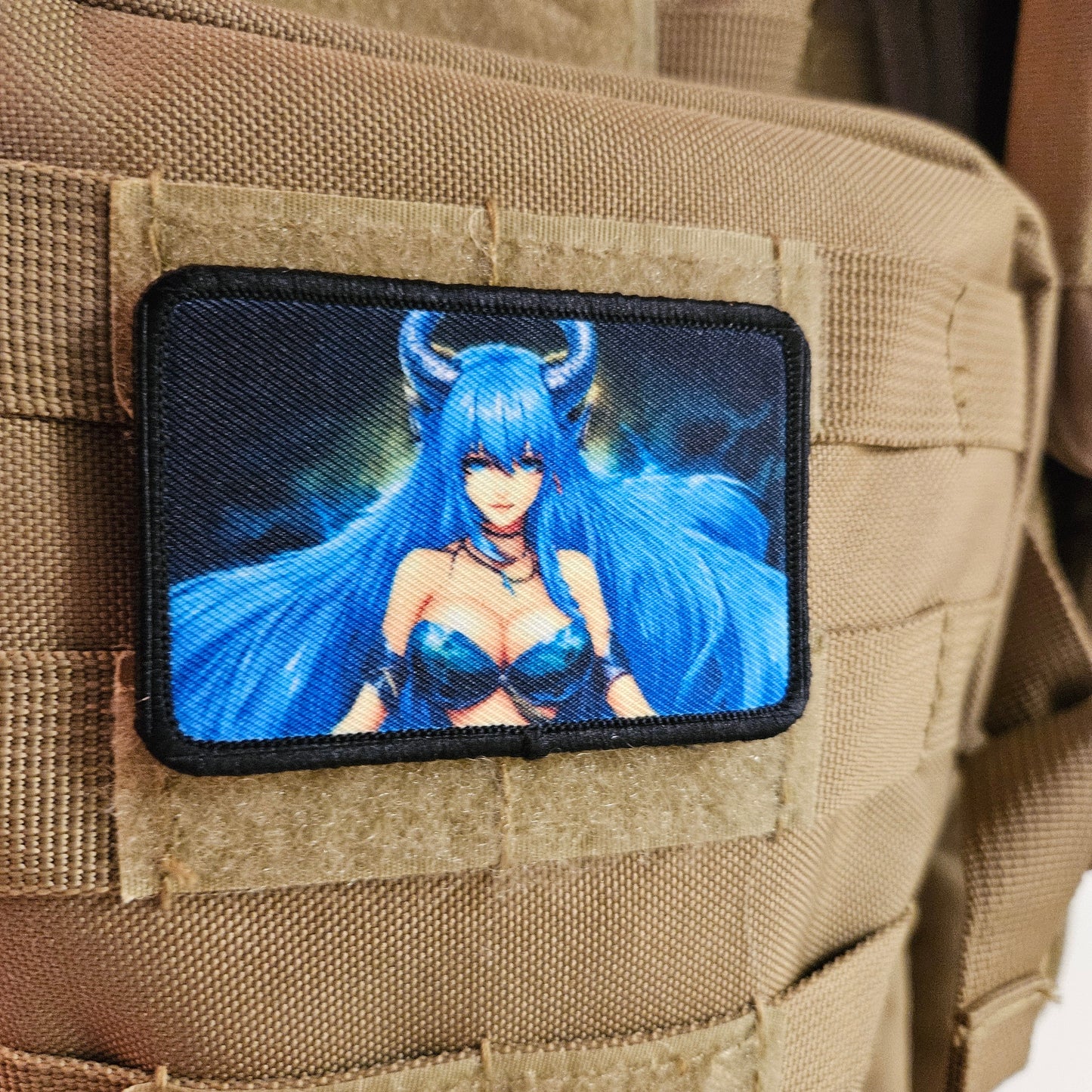 Blue haired succubus waifu 2 Sexy Anime girl cleavage bikini 2"x3" removable morale patch with hook and loop backing