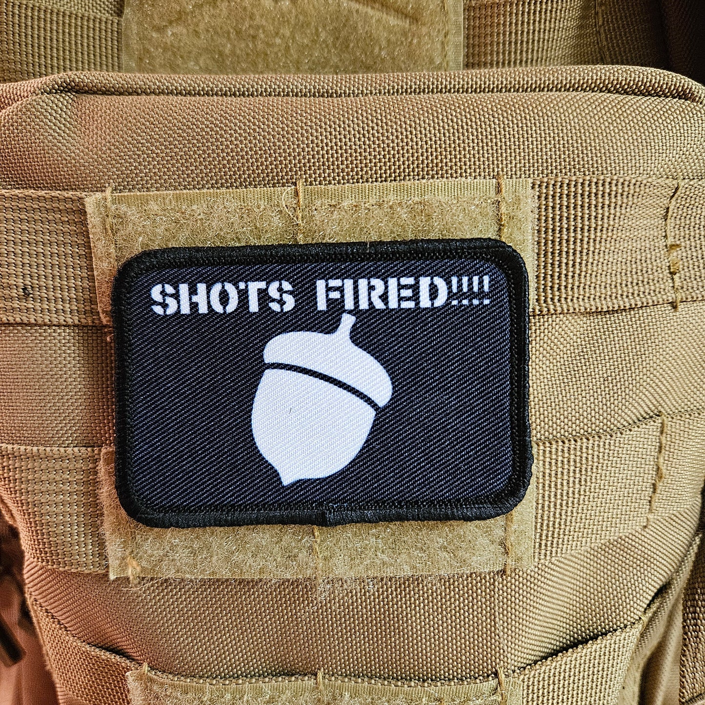 shots fired acorn meme 2"x3" removable morale patch with hook and loop backing