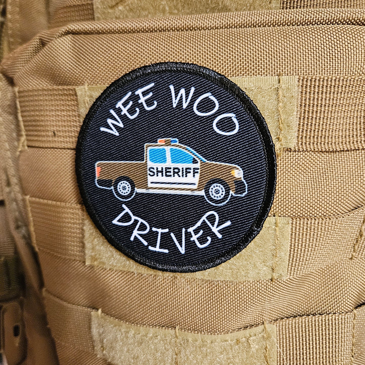 Wee woo driver sheriff pickup driver funny 3" circle removable morale patch with hook and loop backing