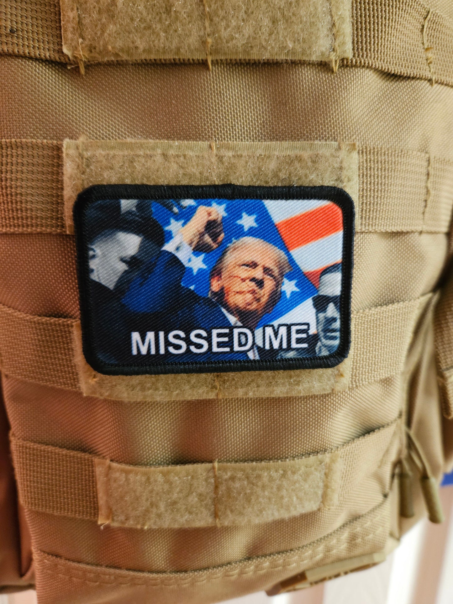 trump survived Flag background fist in the air missed me 2"x3" morale patch with hook and loop backing military joke meme