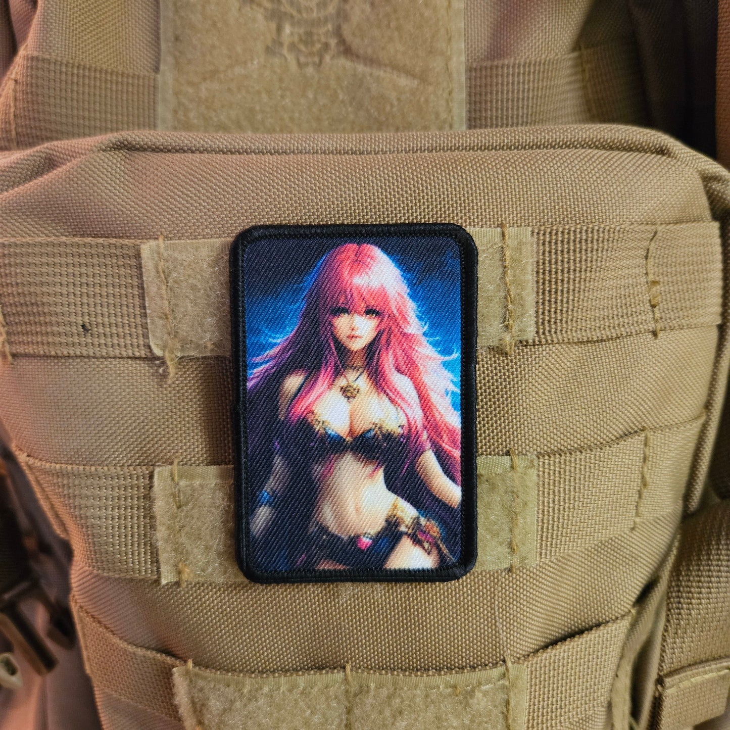 Pink hair waifu Sexy Anime girl cleavage bikini 2"x3" removable morale patch with hook and loop backing