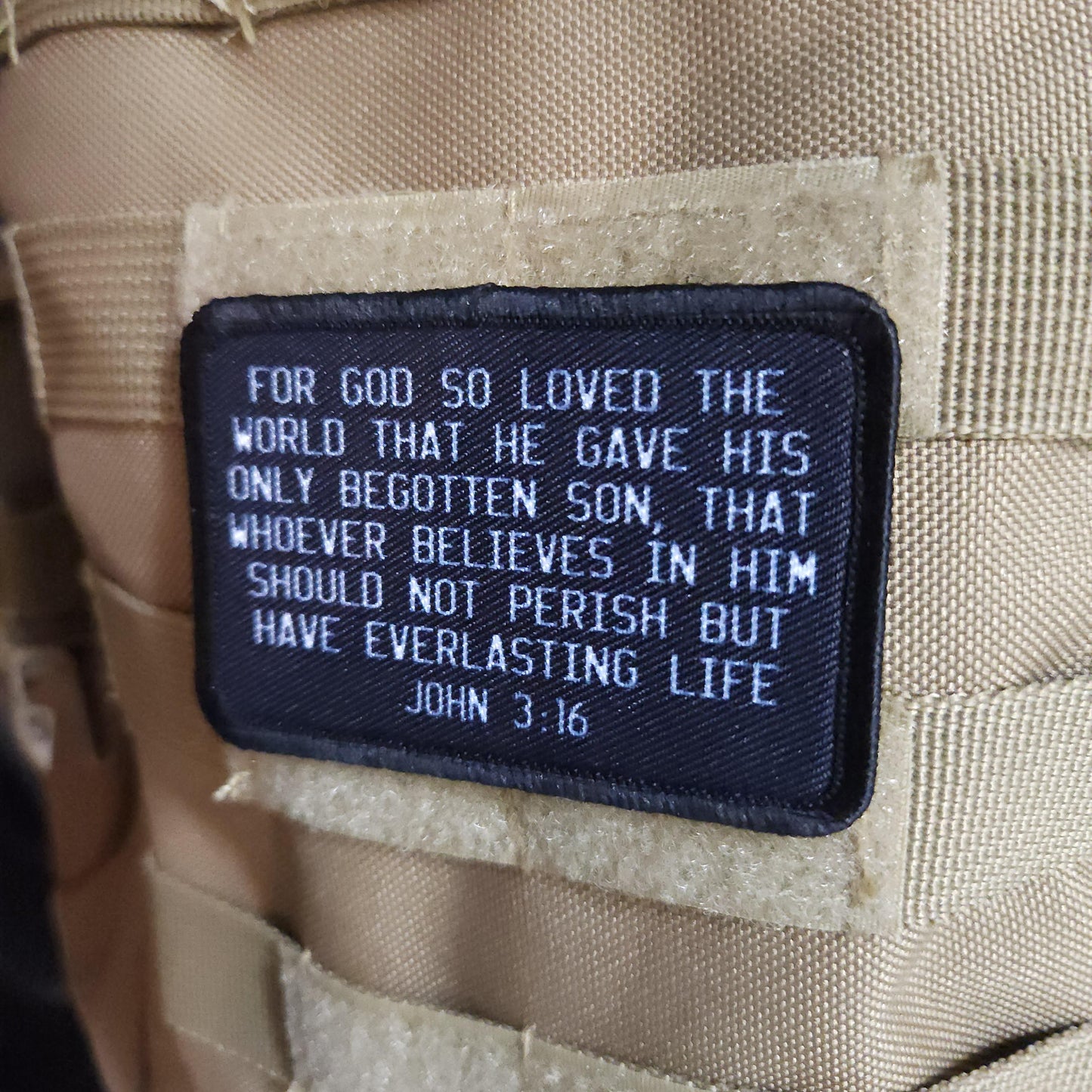 John 3:16 bible verse 2"x3" morale patch with hook and loop backing