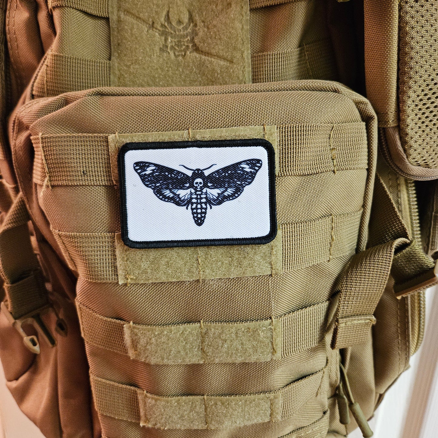 Desths head moth white background funny 2"x3" morale patch with hook and loop backing