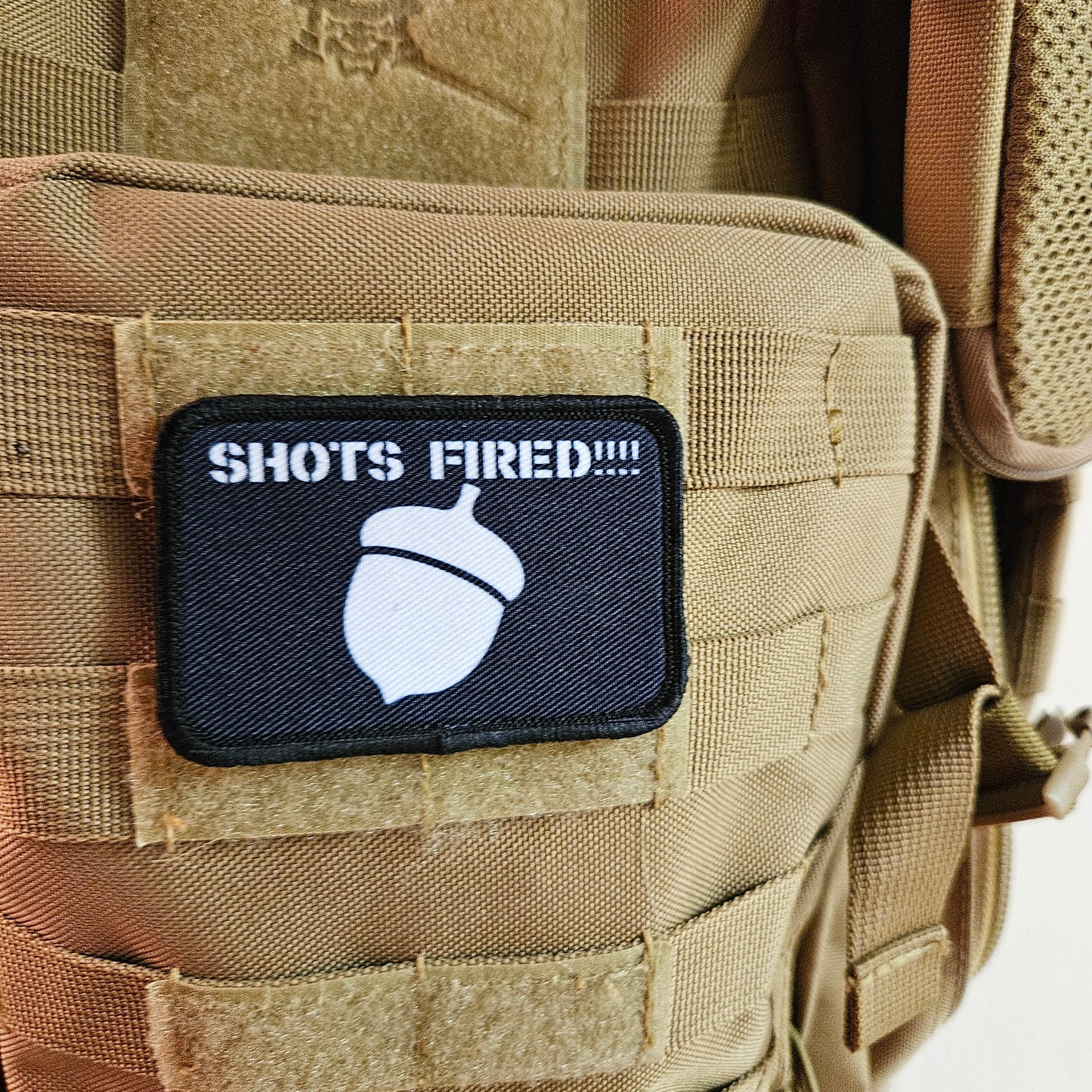 shots fired acorn meme 2"x3" removable morale patch with hook and loop backing