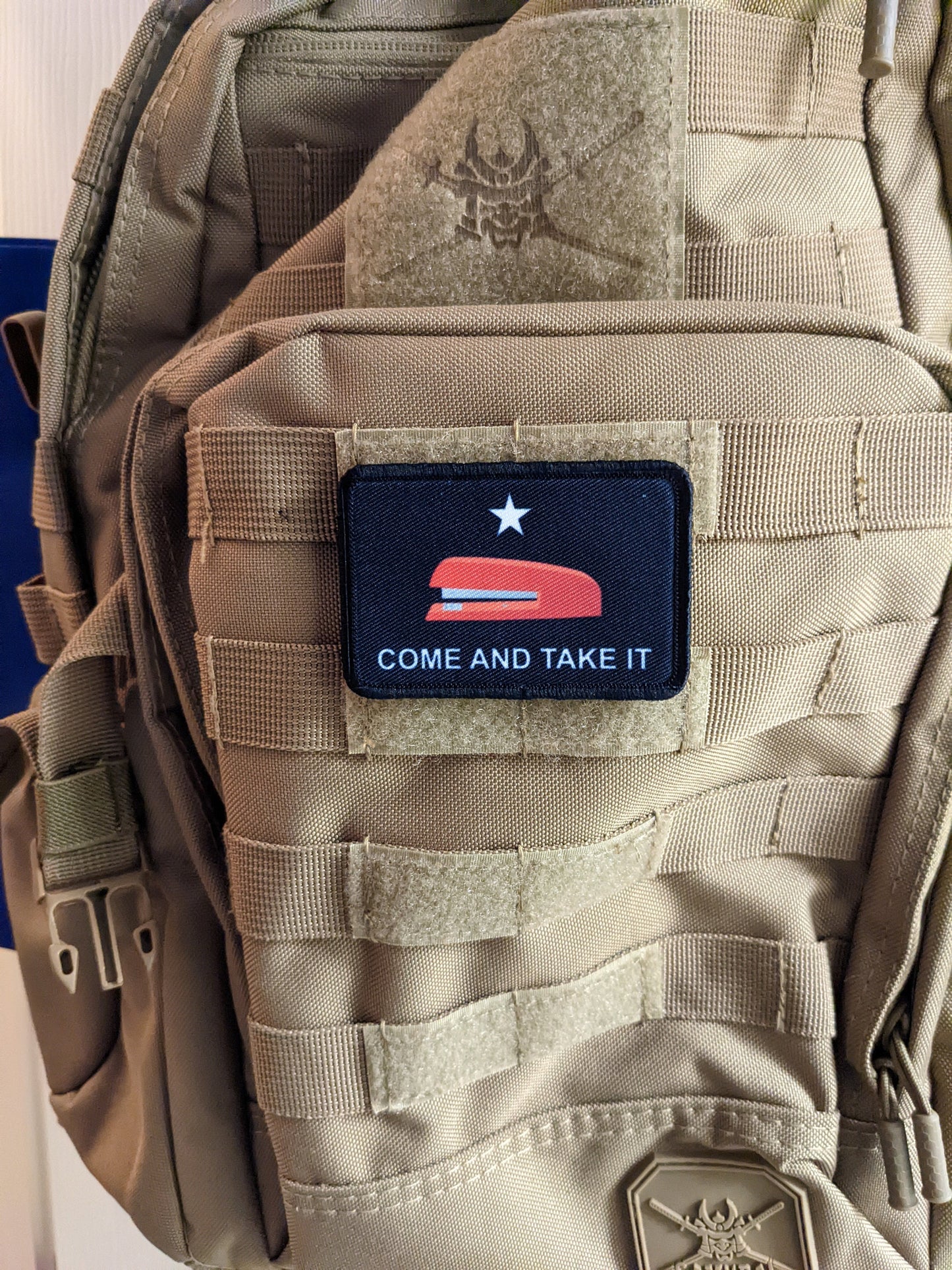 Red stapler meme Texas flag come take it meme 2"x3" removable morale patch with hook and loop backing