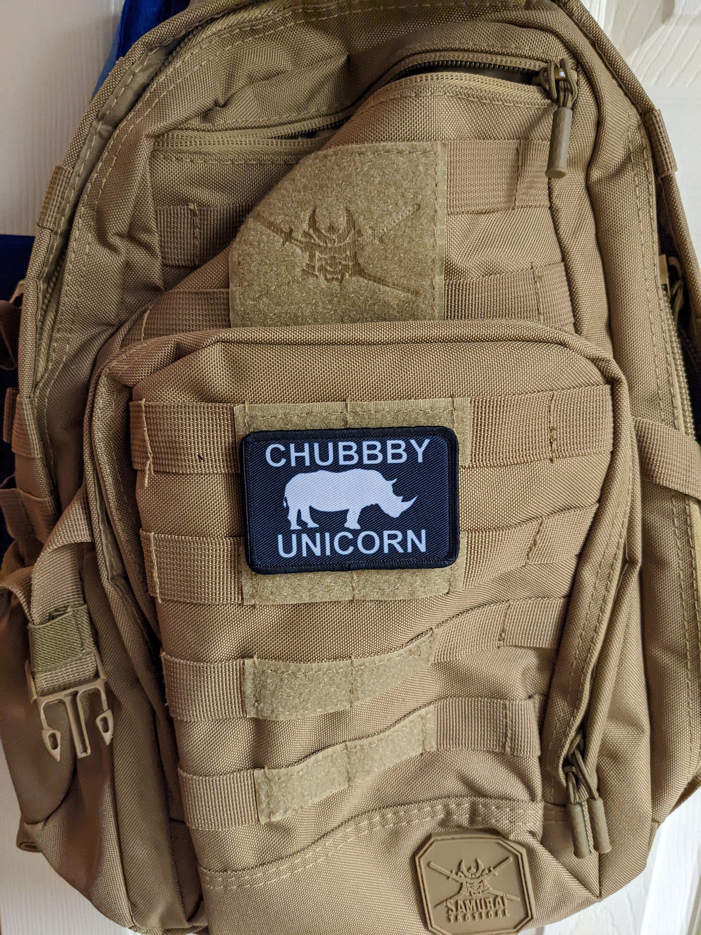 Chubby unicorn rhino rhinoceros meme 2"x3" removable morale patch with hook and loop backing