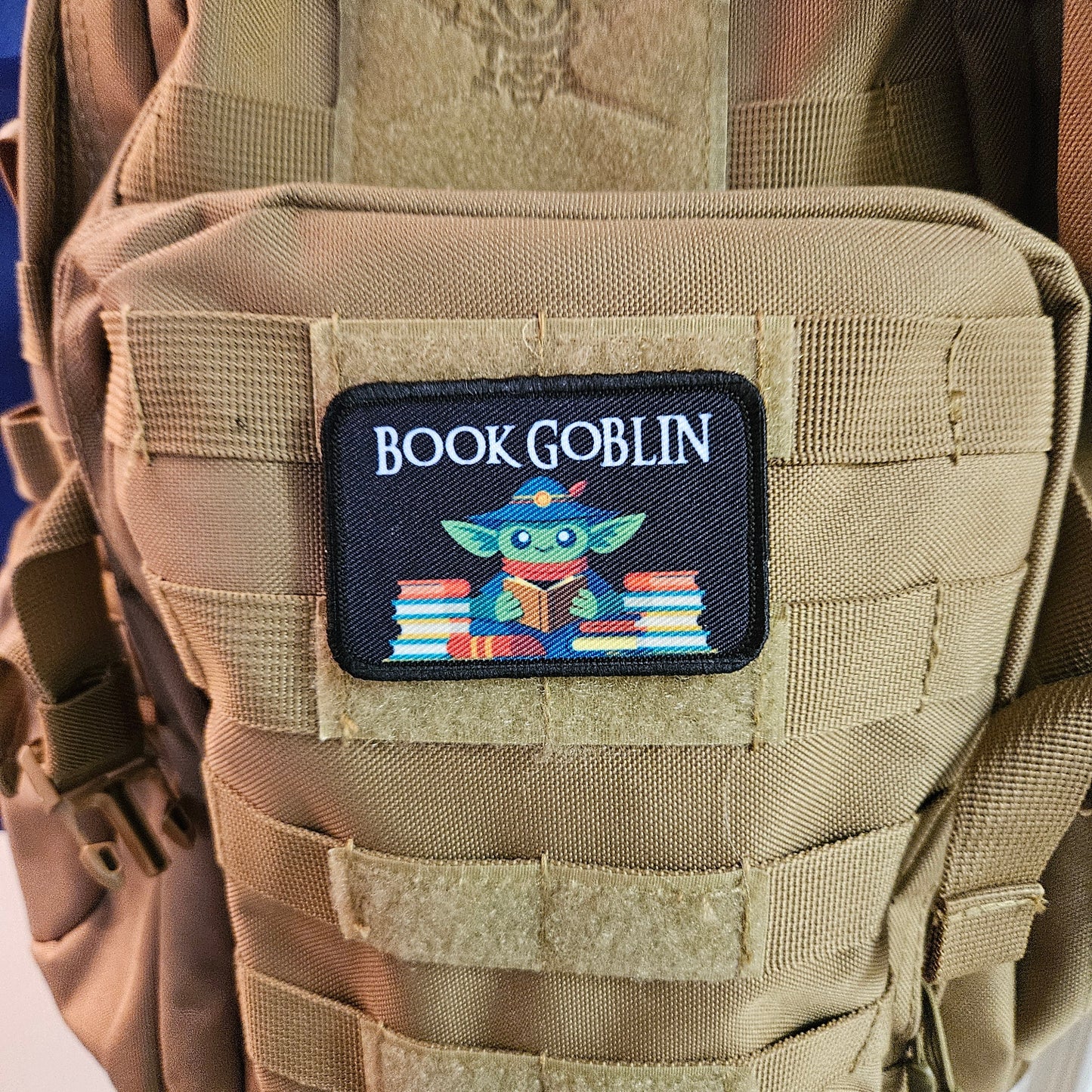 Book goblin reading joke book collection meme 2"x3" removable morale patch with hook and loop backing