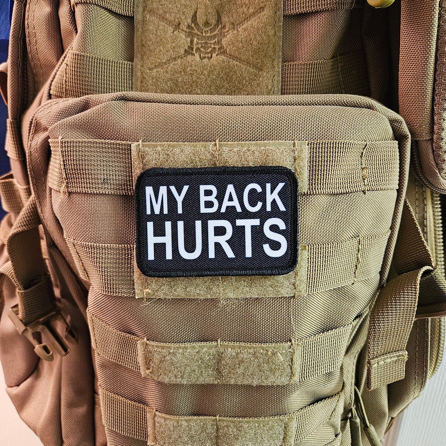 My back hurts getting old meme 2"x3" removable morale patch with hook and loop backing
